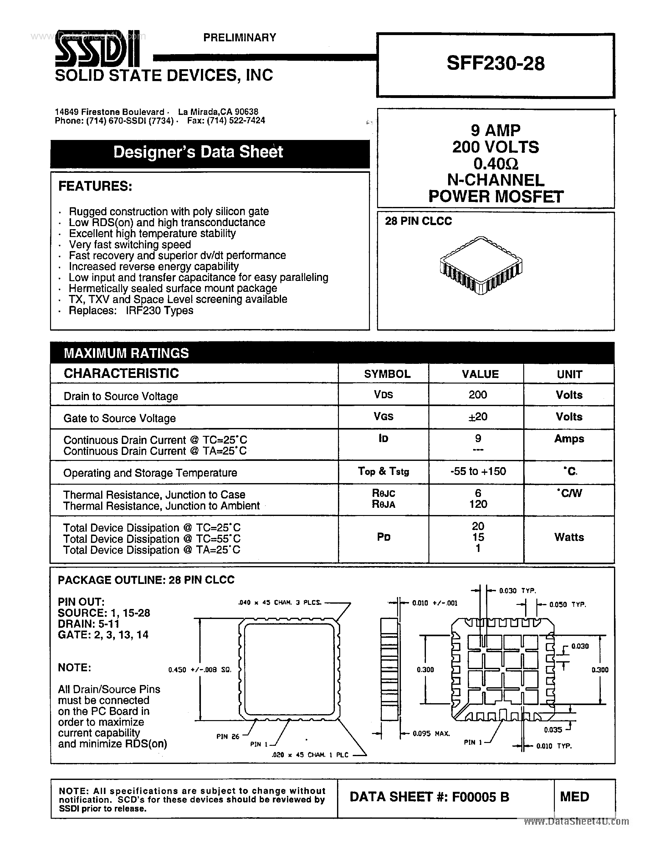 Datasheet SFF230-28 page 1 Datasheet SFF230-28 - N-Channel Power MOSFET page 1