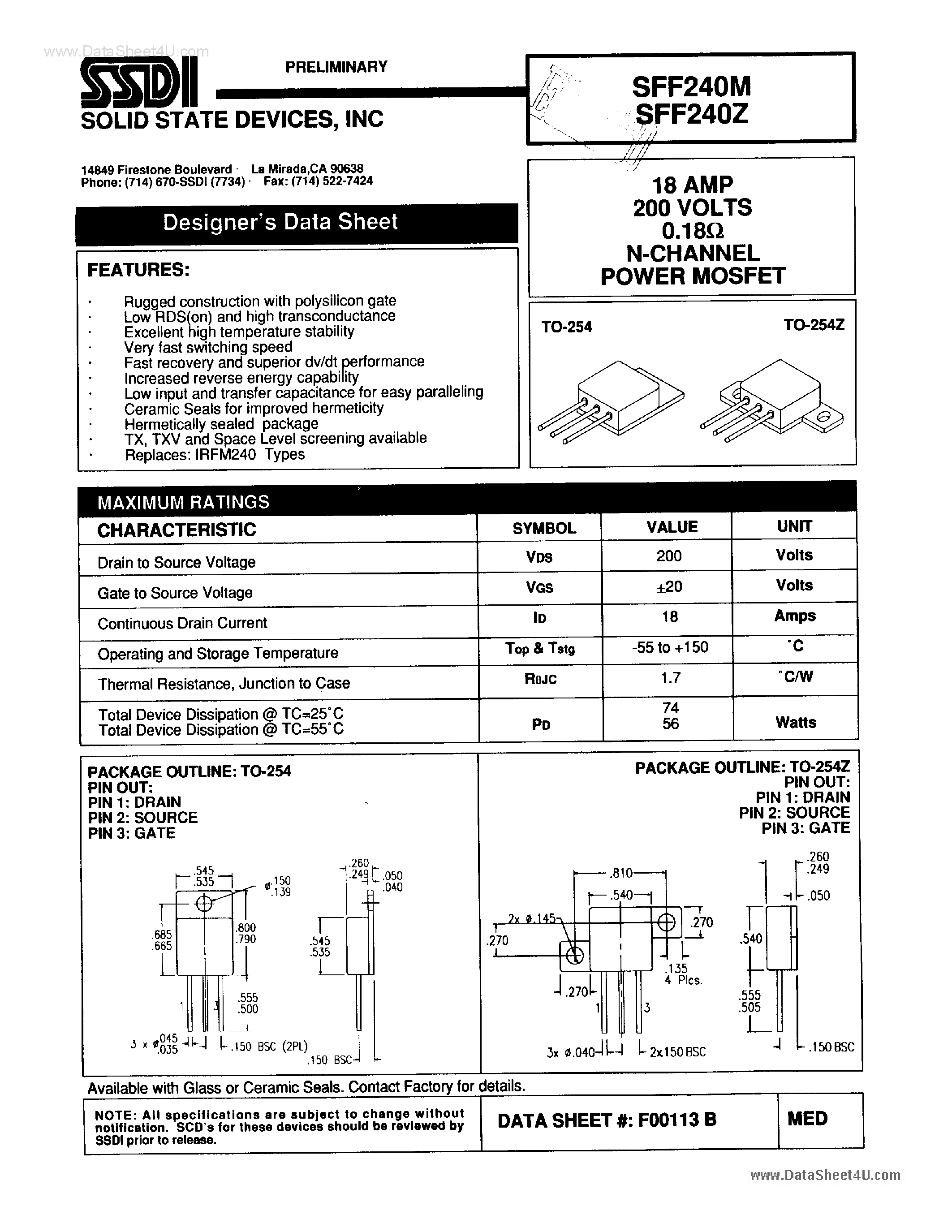 Даташит на микросхему SFF240M страница 1 Даташит SFF240M - N-Channel Power MOSFET страница 1