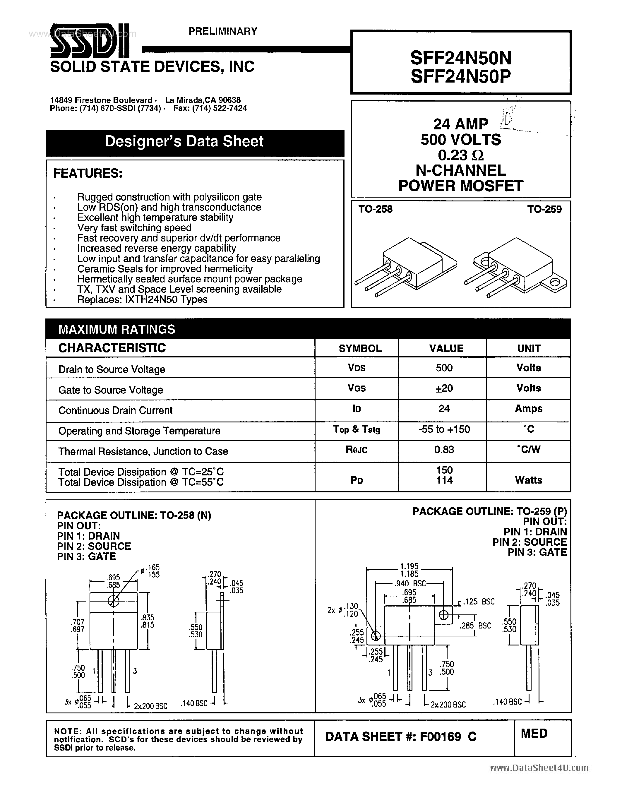 Datasheet SFF24N50N page 1 Datasheet SFF24N50N - N-Channel Power MOSFET page 1