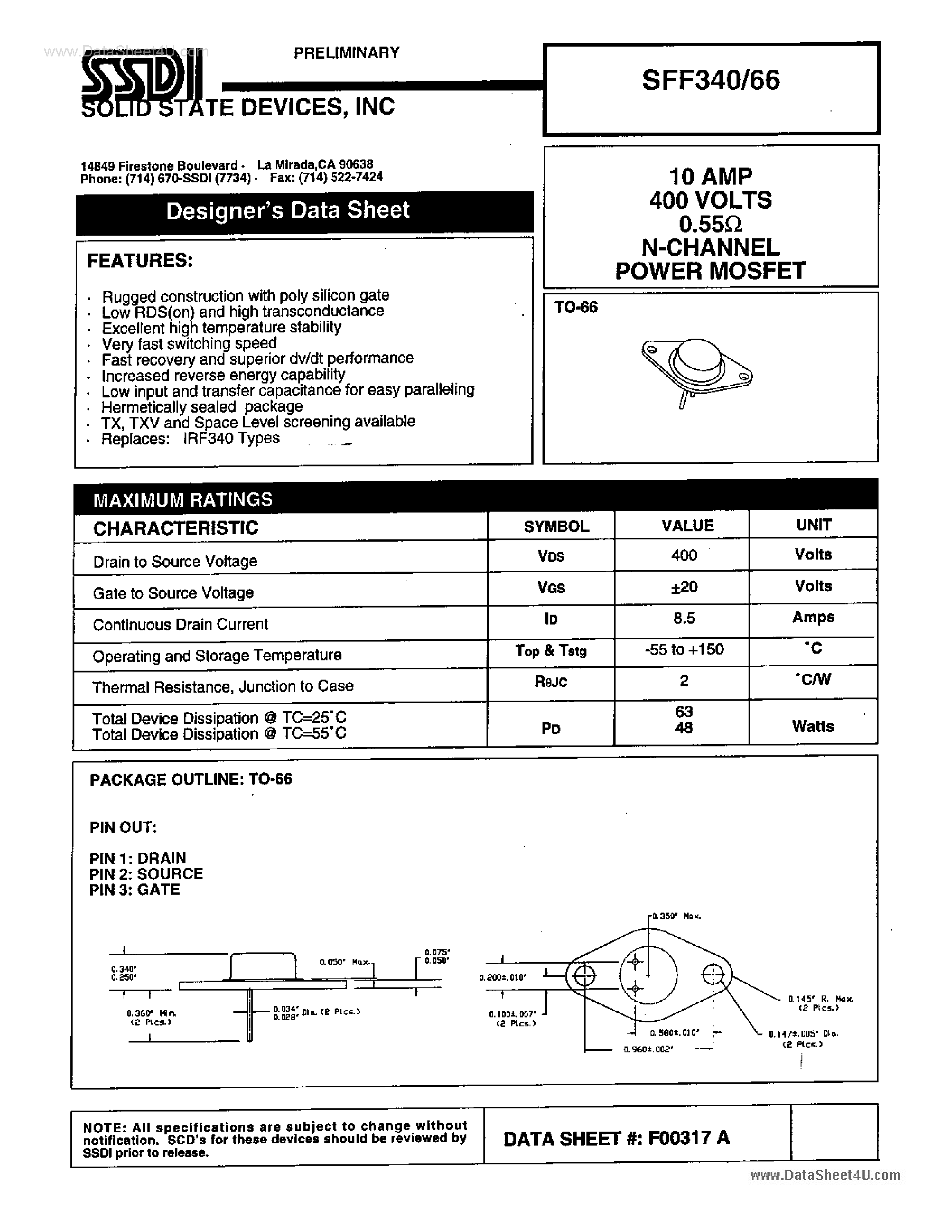 Даташит на микросхему SFF340/66 страница 1 Даташит SFF340/66 - N-Channel Power MOSFET страница 1