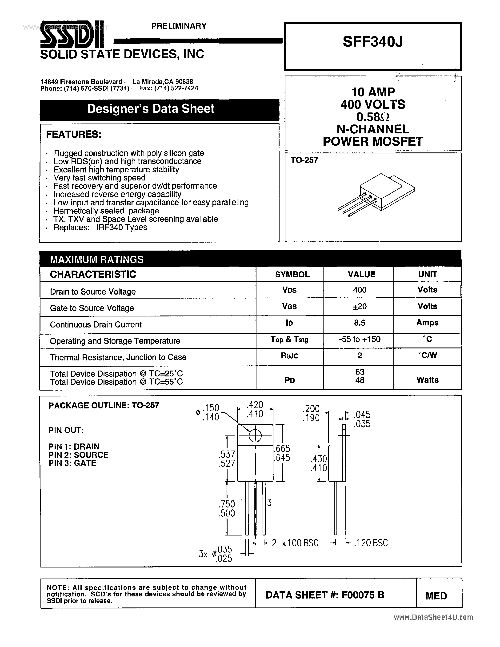 Datasheet SFF340J - N-Channel Power MOSFET page 1