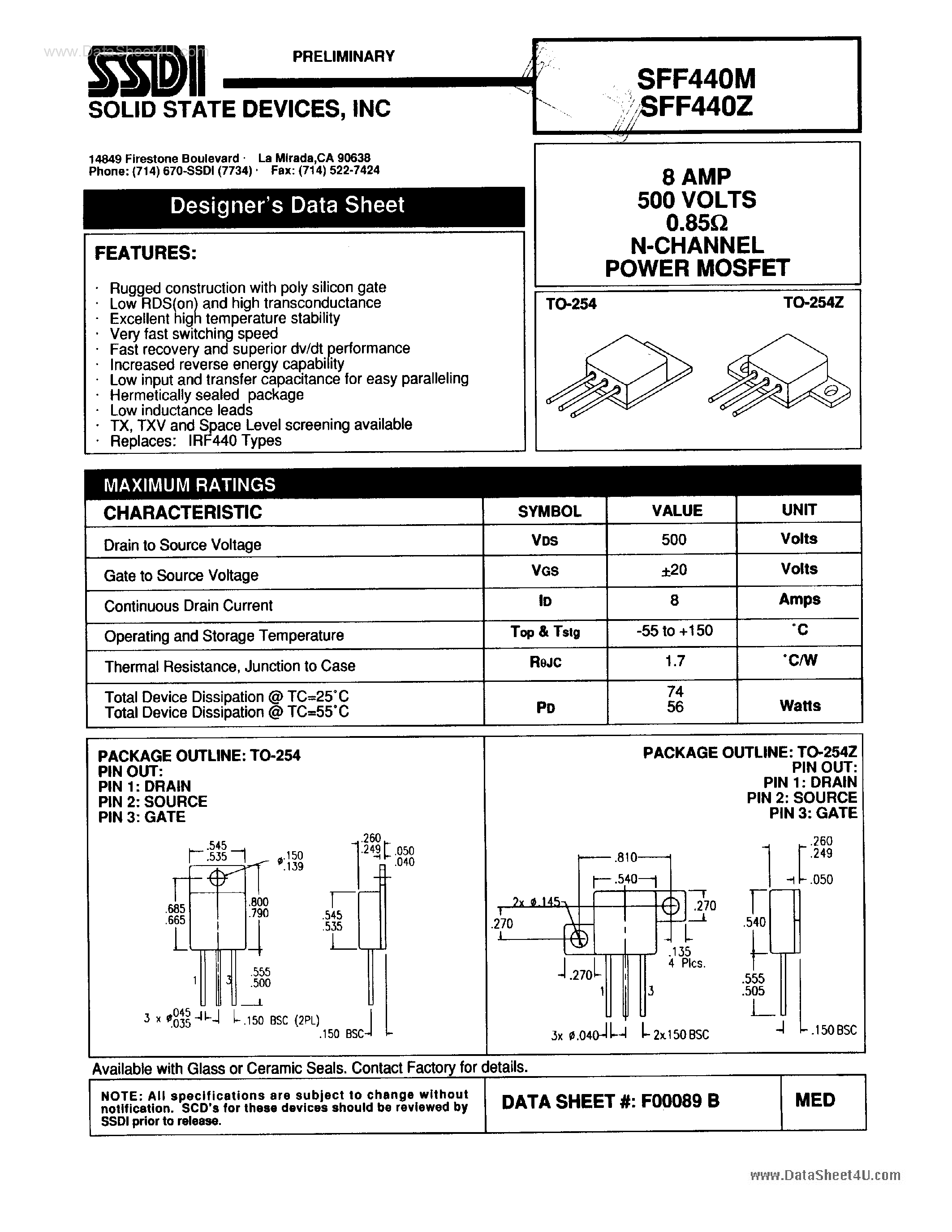 Datasheet SFF440M - N-Channel Power MOSFET page 1