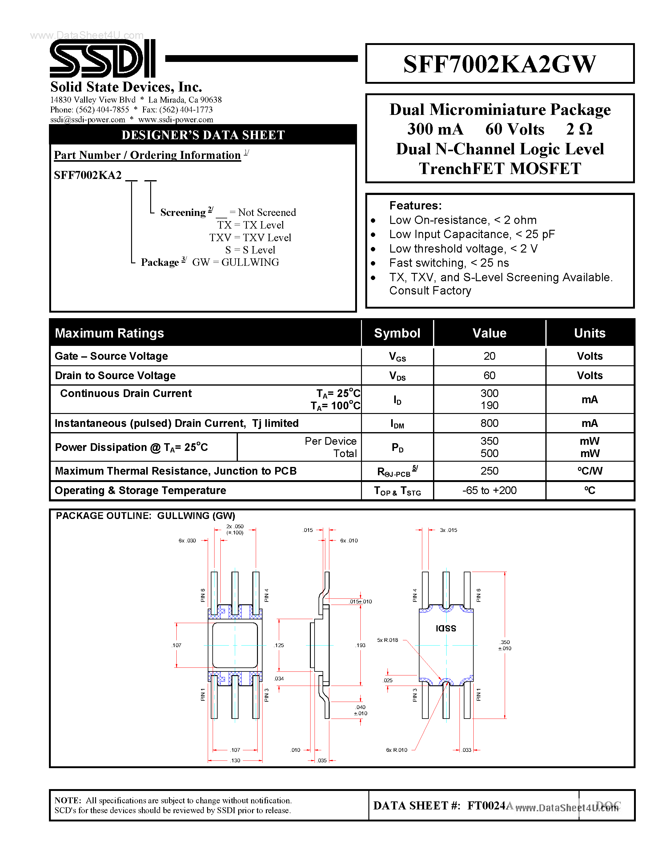 Datasheet SFF7002KA2GW - N-Channel Power MOSFET page 1