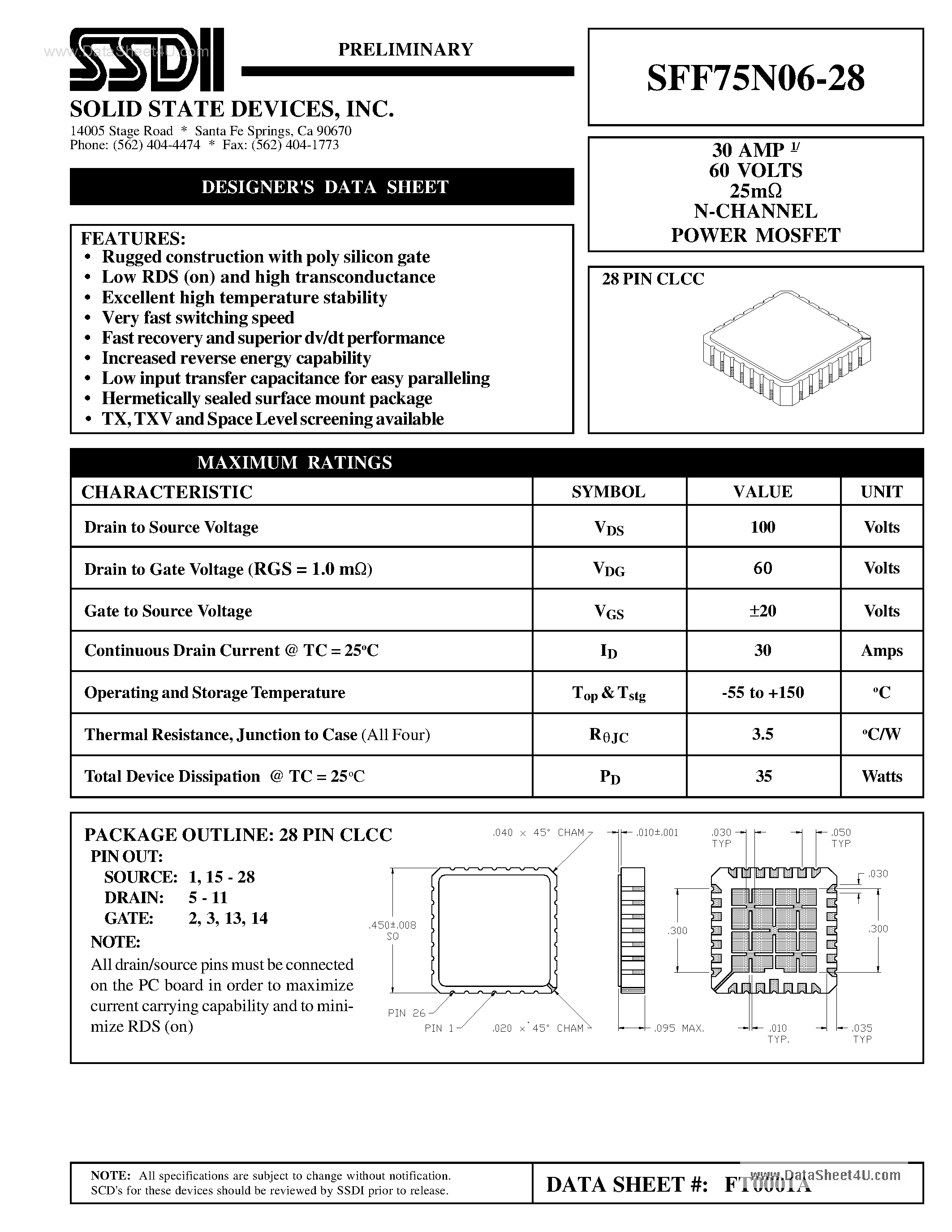 Datasheet SFF75N06-28 - N-Channel Power MOSFET page 1