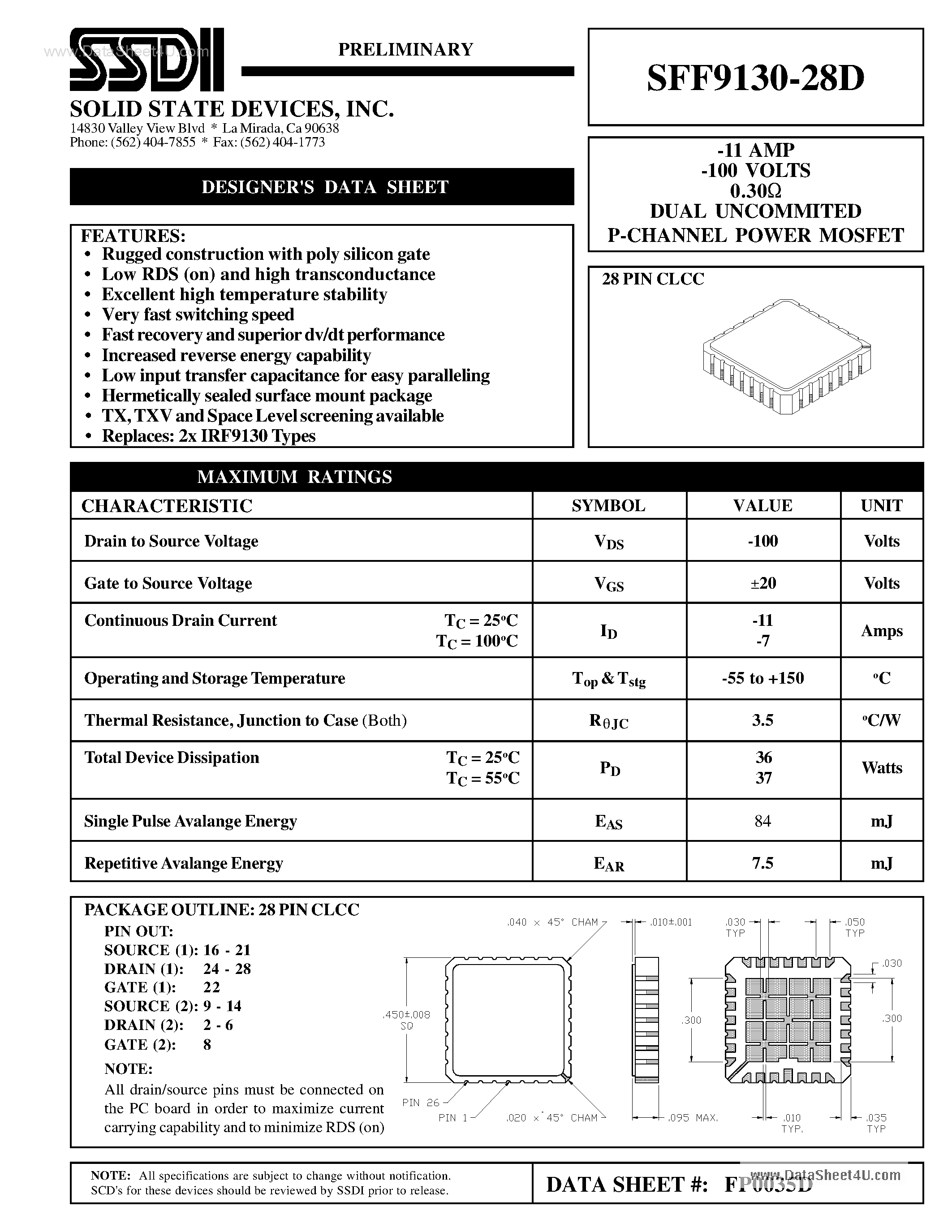 Даташит SFF9130-28D - P-Channel Power MOSFET страница 1