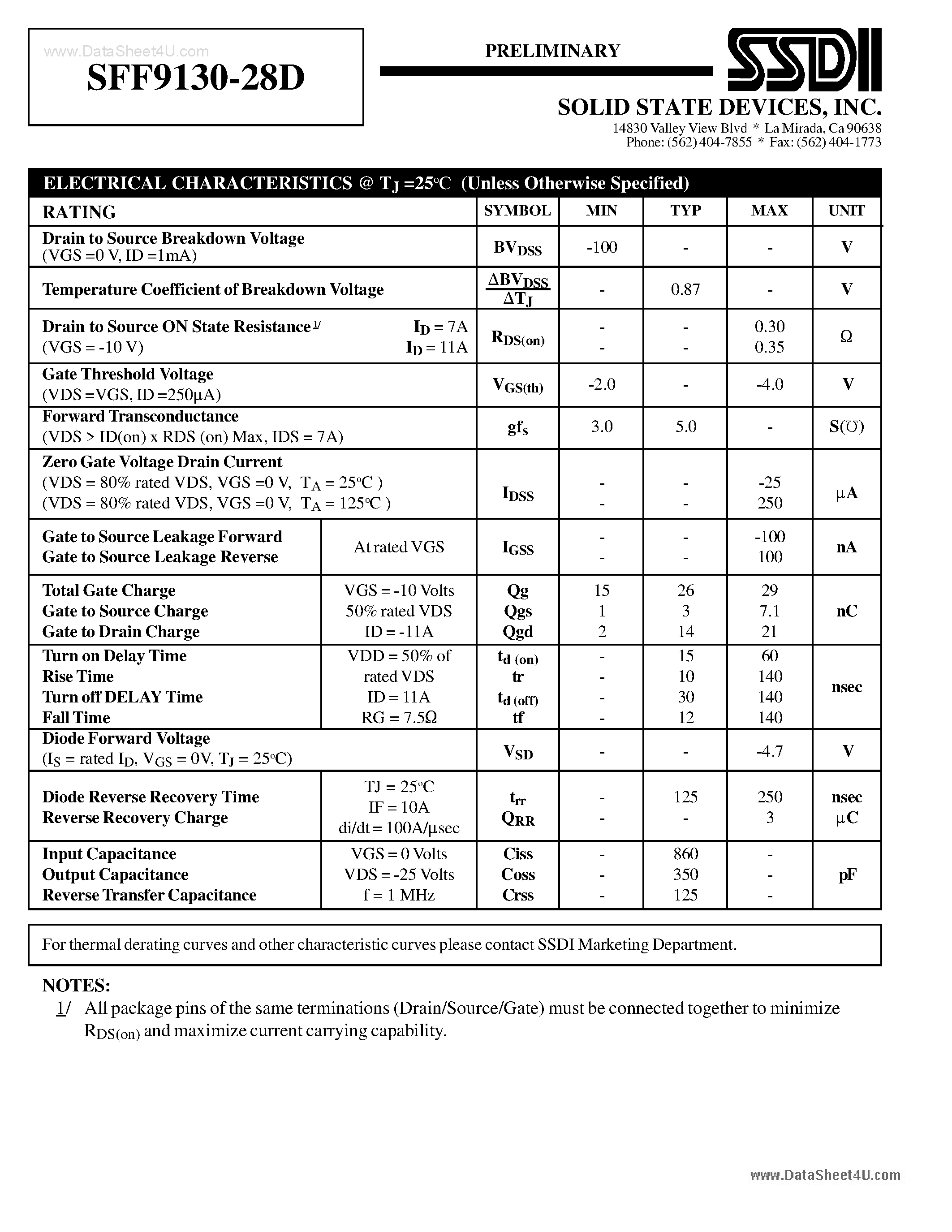 Даташит SFF9130-28D - P-Channel Power MOSFET страница 2