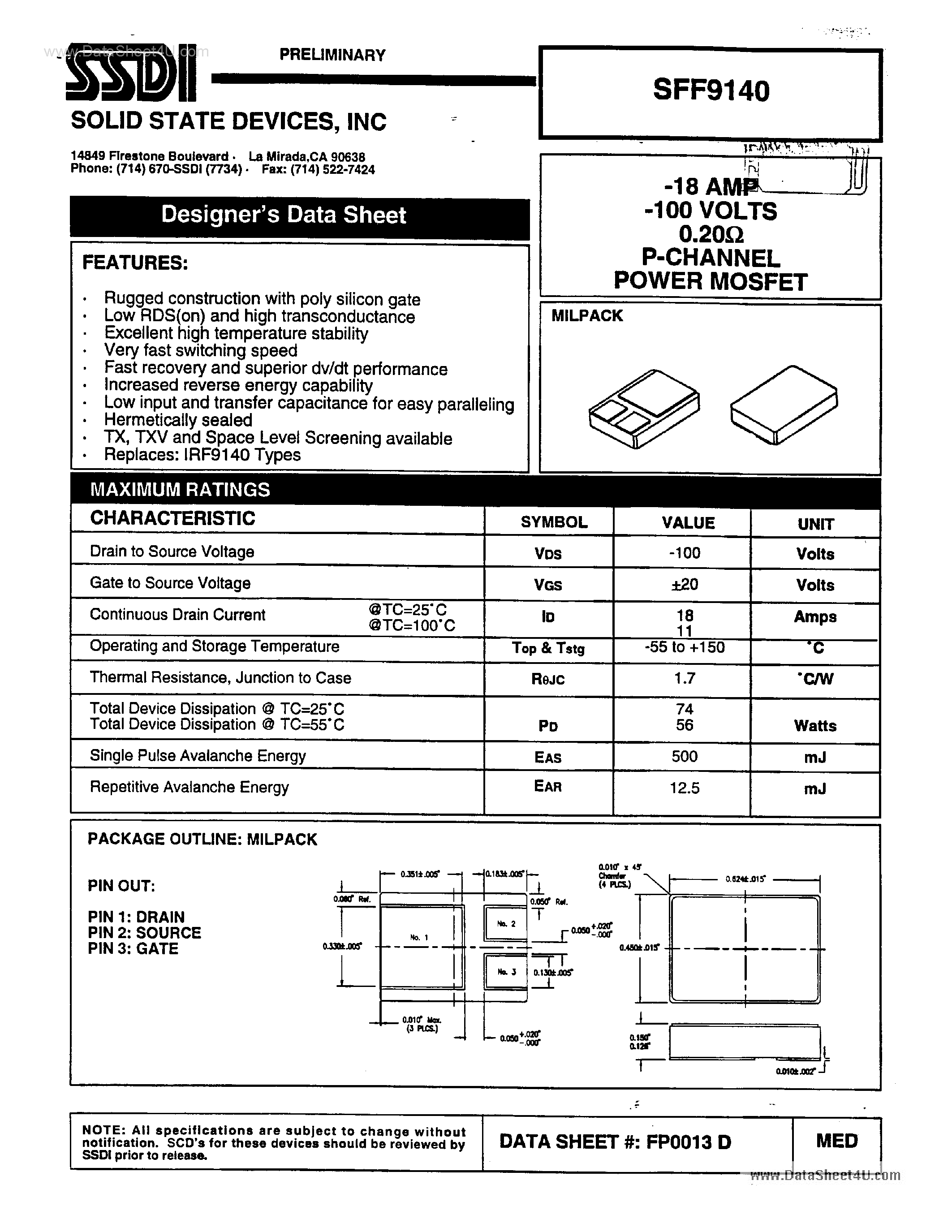 Datasheet SFF9140 - P-Channel Power MOSFET page 1