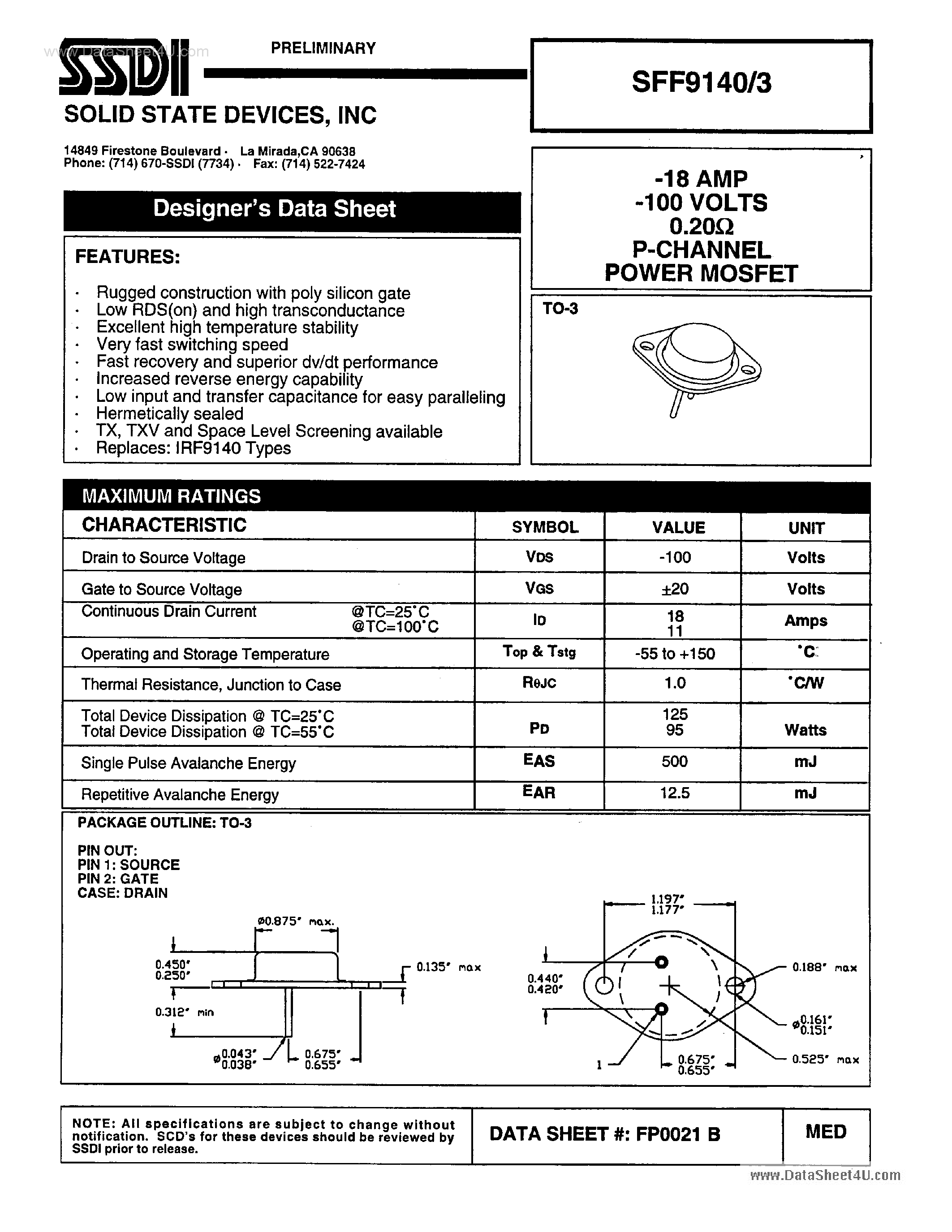 Даташит на микросхему SFF9140/3 страница 1 Даташит SFF9140/3 - P-Channel Power MOSFET страница 1