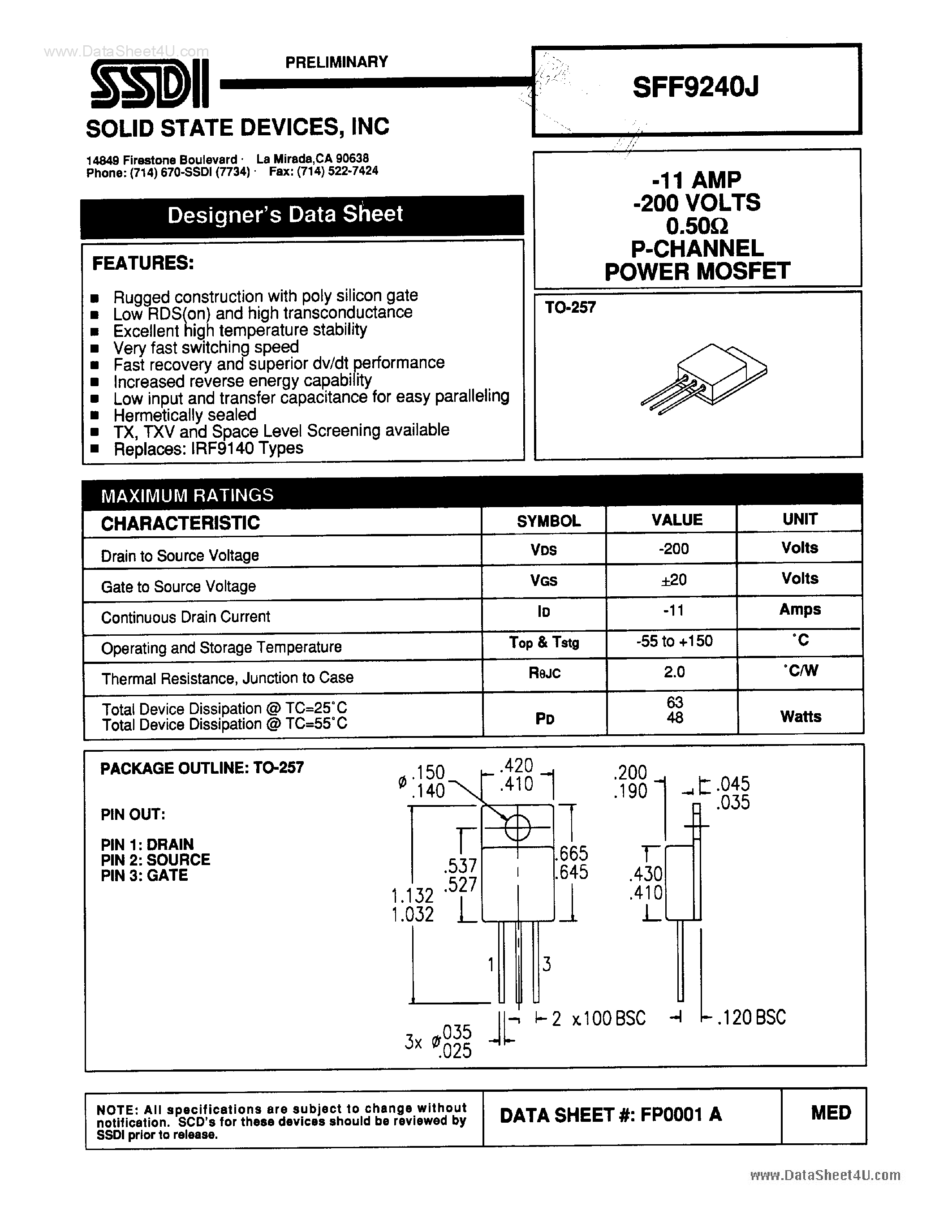Datasheet SFF9240J - P-Channel Power MOSFET page 1