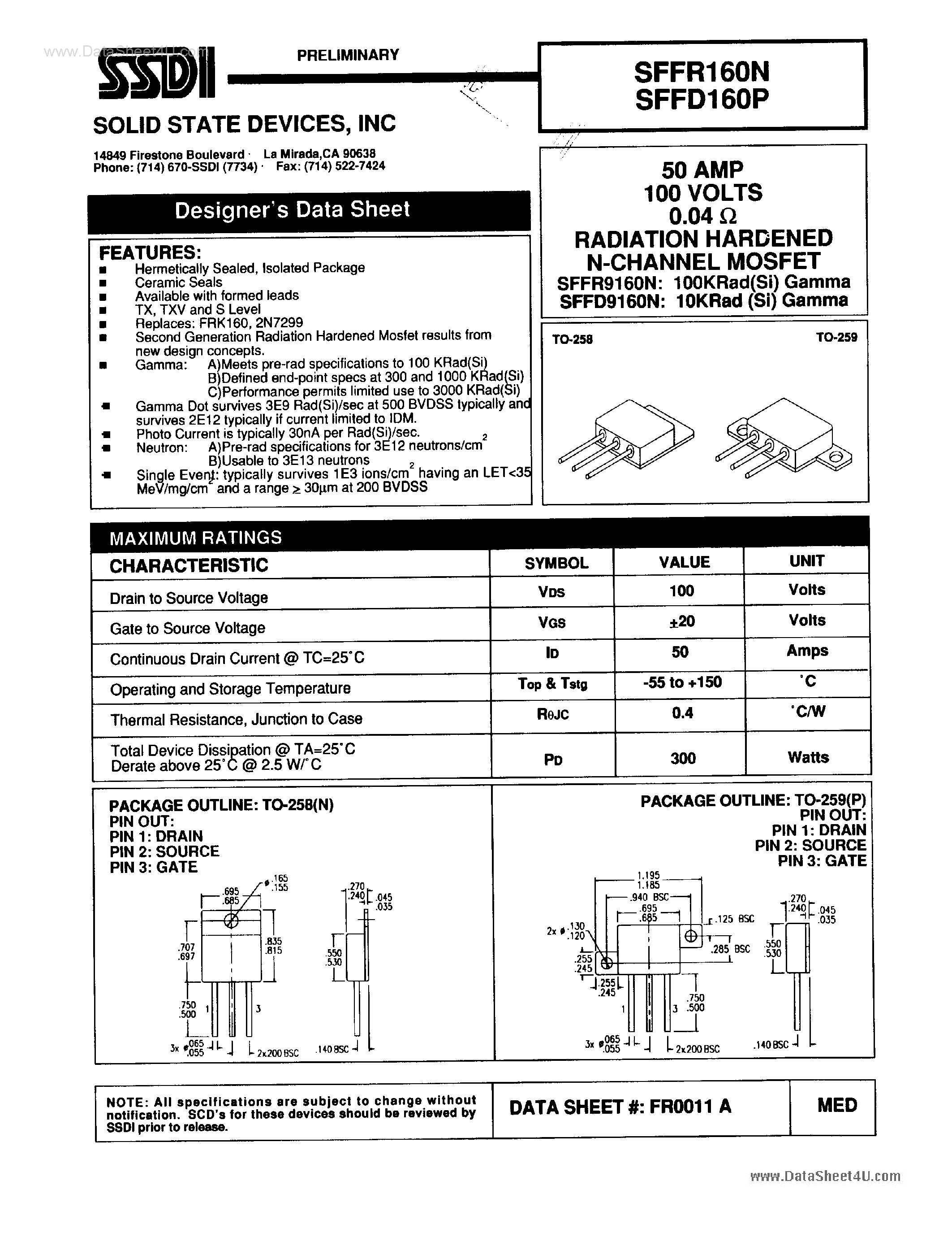 Datasheet SFFD160N - N-Channel Power MOSFET page 1