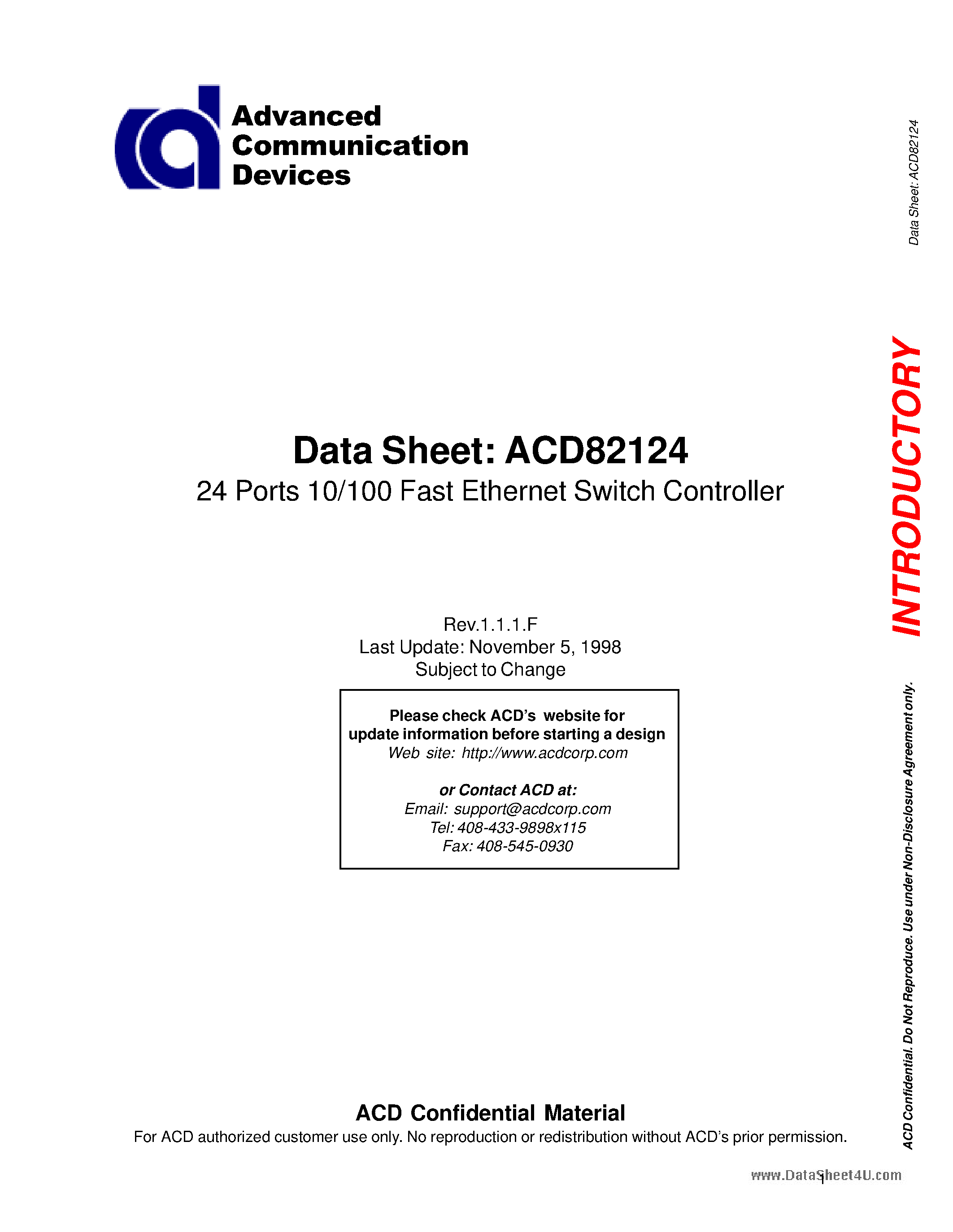 Даташит на микросхему ACD82124 страница 1 Даташит ACD82124 - 24 Ports 10/100 Fast Ethernet Switch Controller страница 1