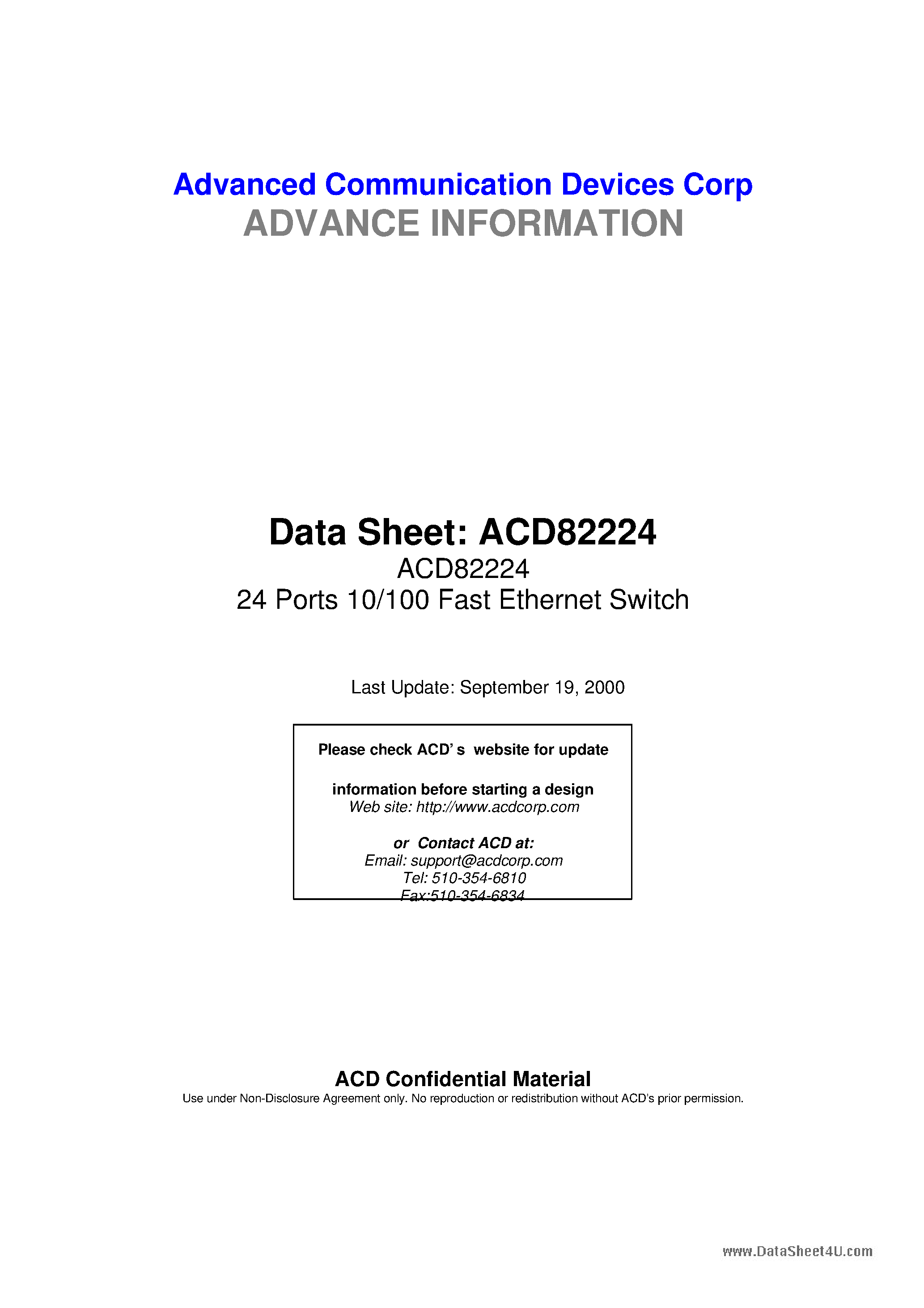 Даташит ACD82224 - 24 Ports 10/100 Fast Ethernet Switch страница 1