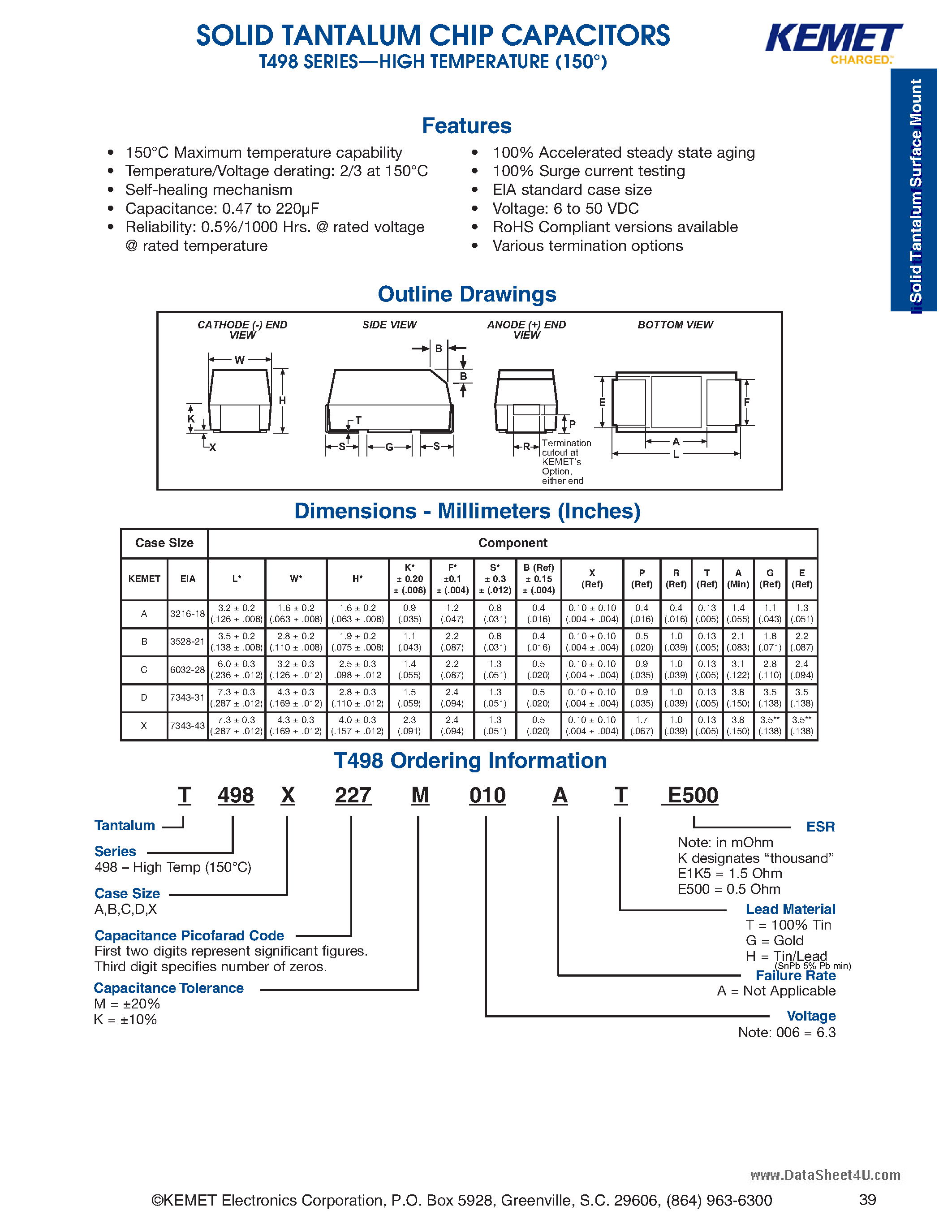 Datasheet T498 - SOLID TANTALUM CHIP CAPACITORS page 1