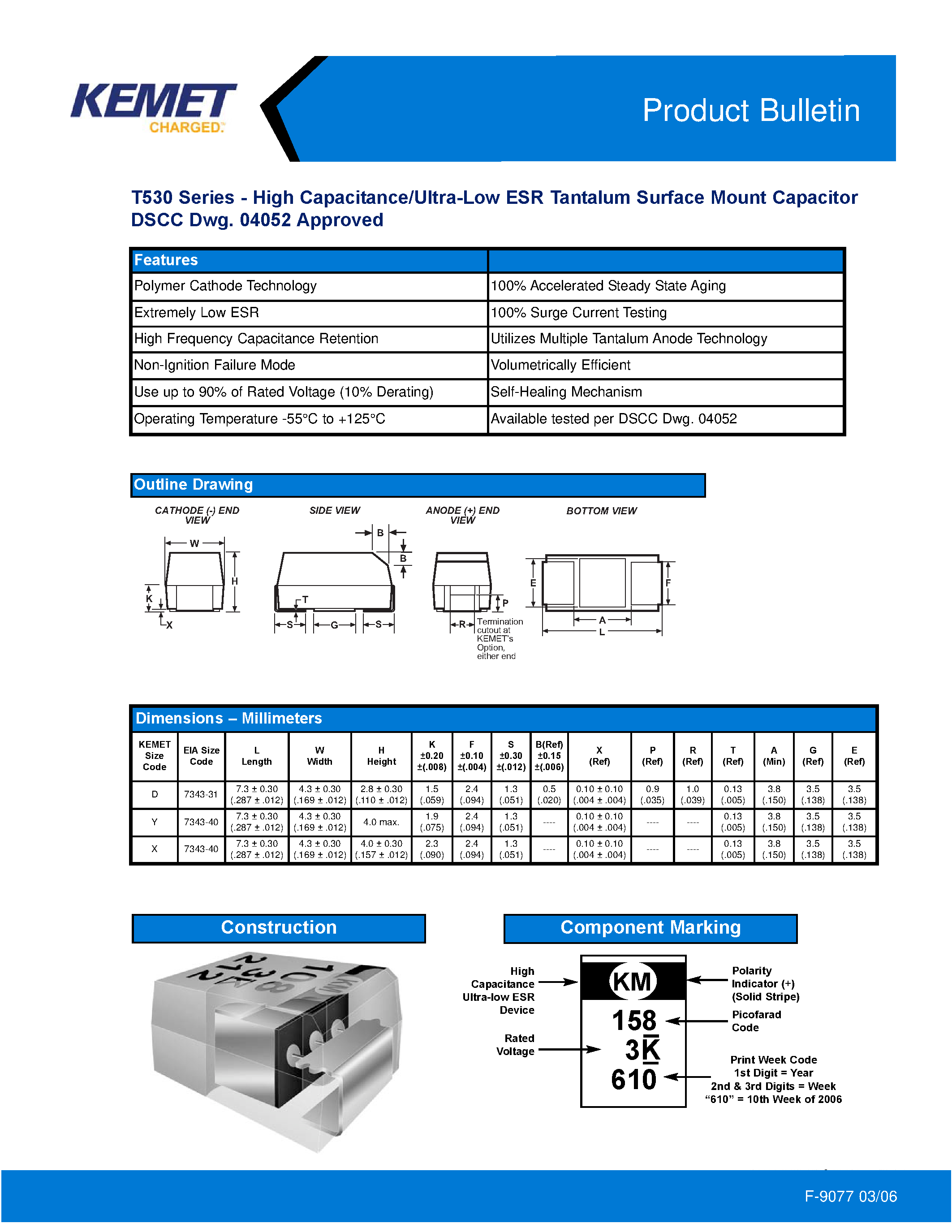 Datasheet T530 - High Capacitance/Ultra-Low ESR Tantalum Surface Mount Capacitor page 1