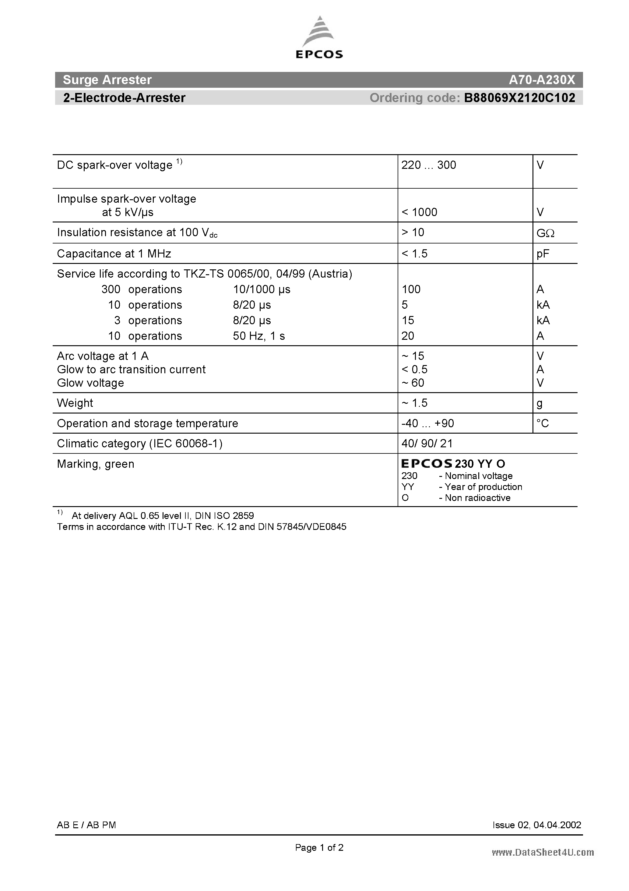 Datasheet A70-A230X - 2-Electrode-Arrester page 1