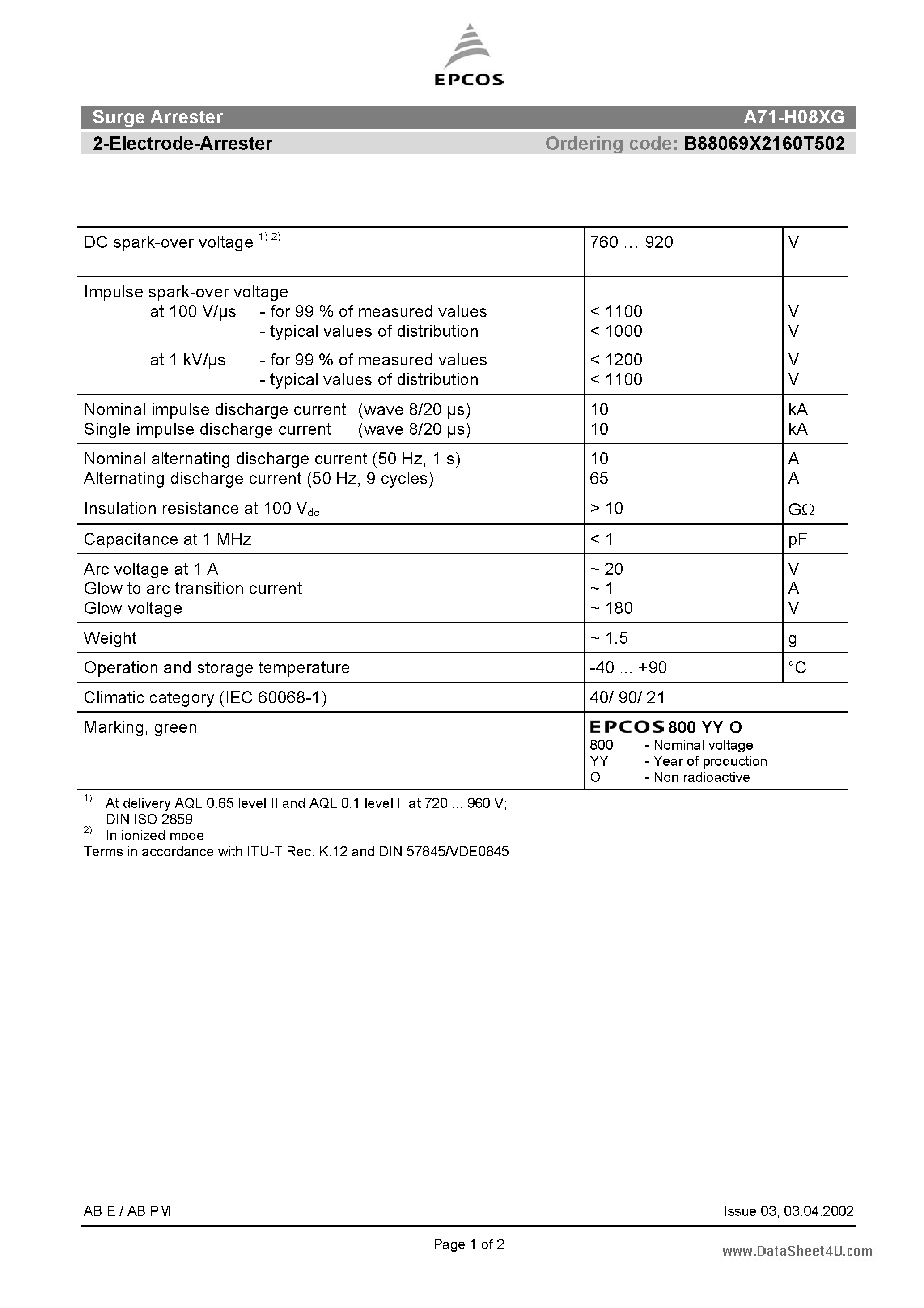 Datasheet A71-H08XG - 2-Electrode-Arrester page 1