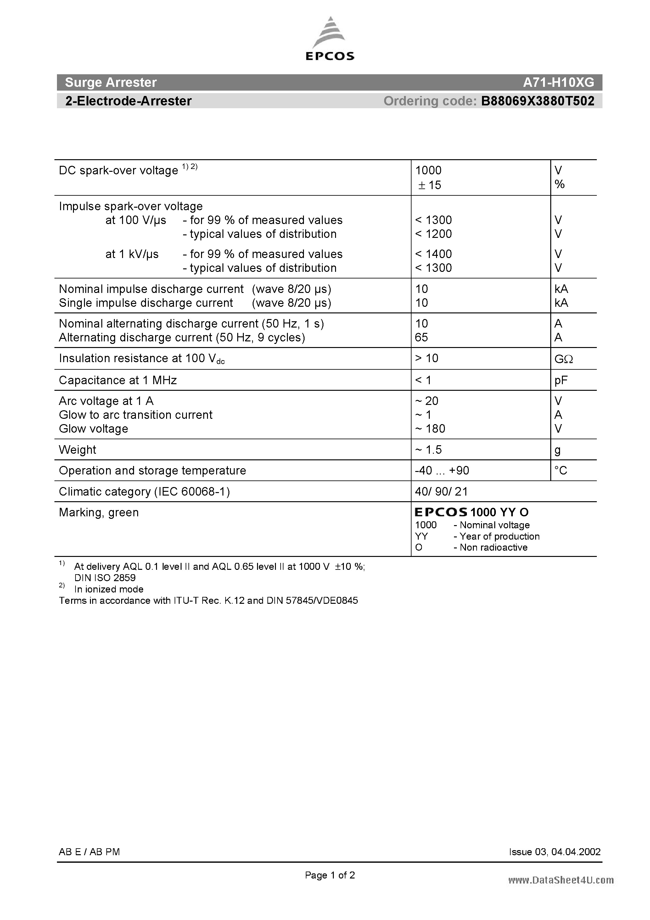 Datasheet A71-H10XG - 2-Electrode-Arrester page 1