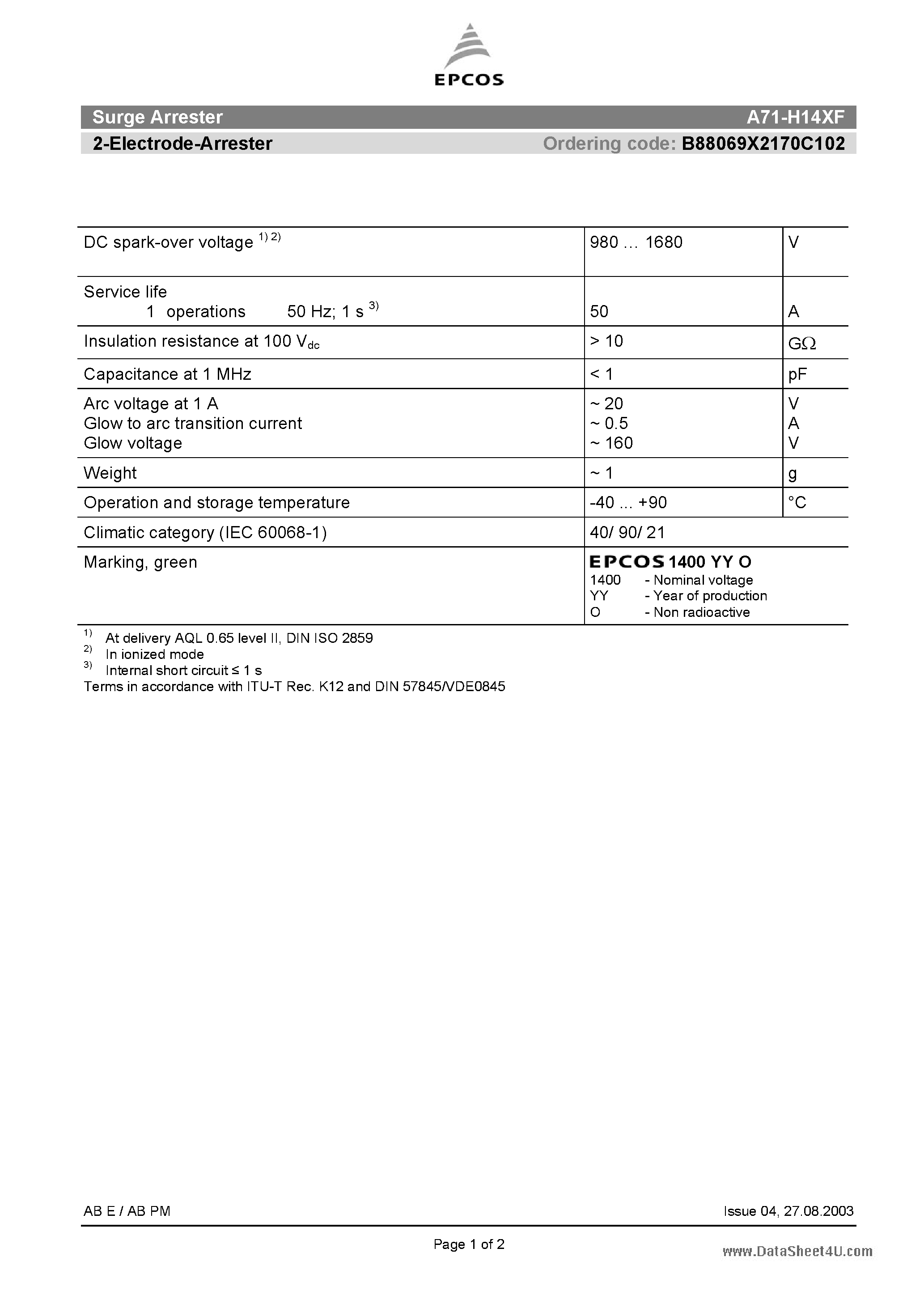 Datasheet A71-H14XF - 2-Electrode-Arrester page 1