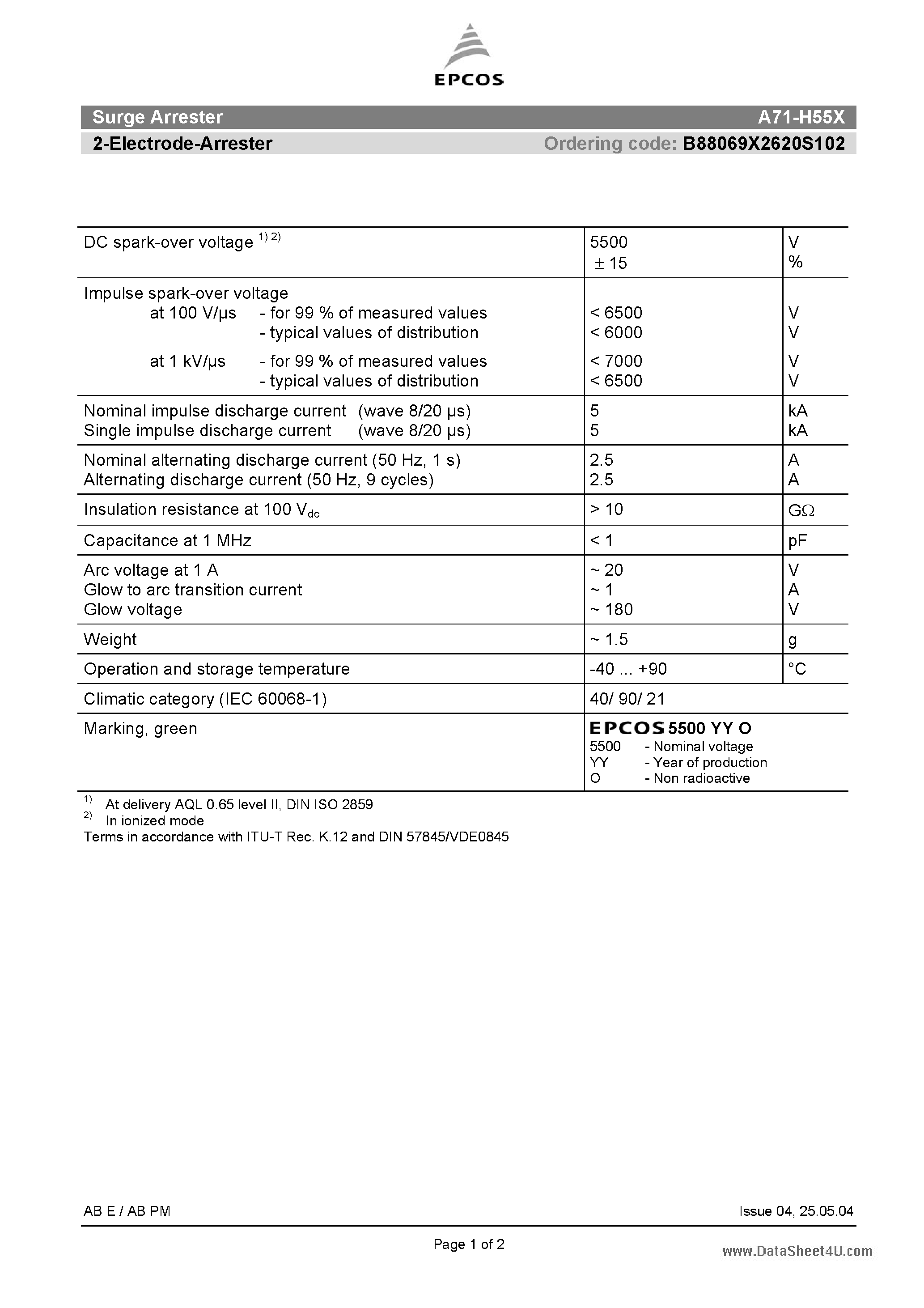 Datasheet A71-H55X - 2-Electrode-Arrester page 1
