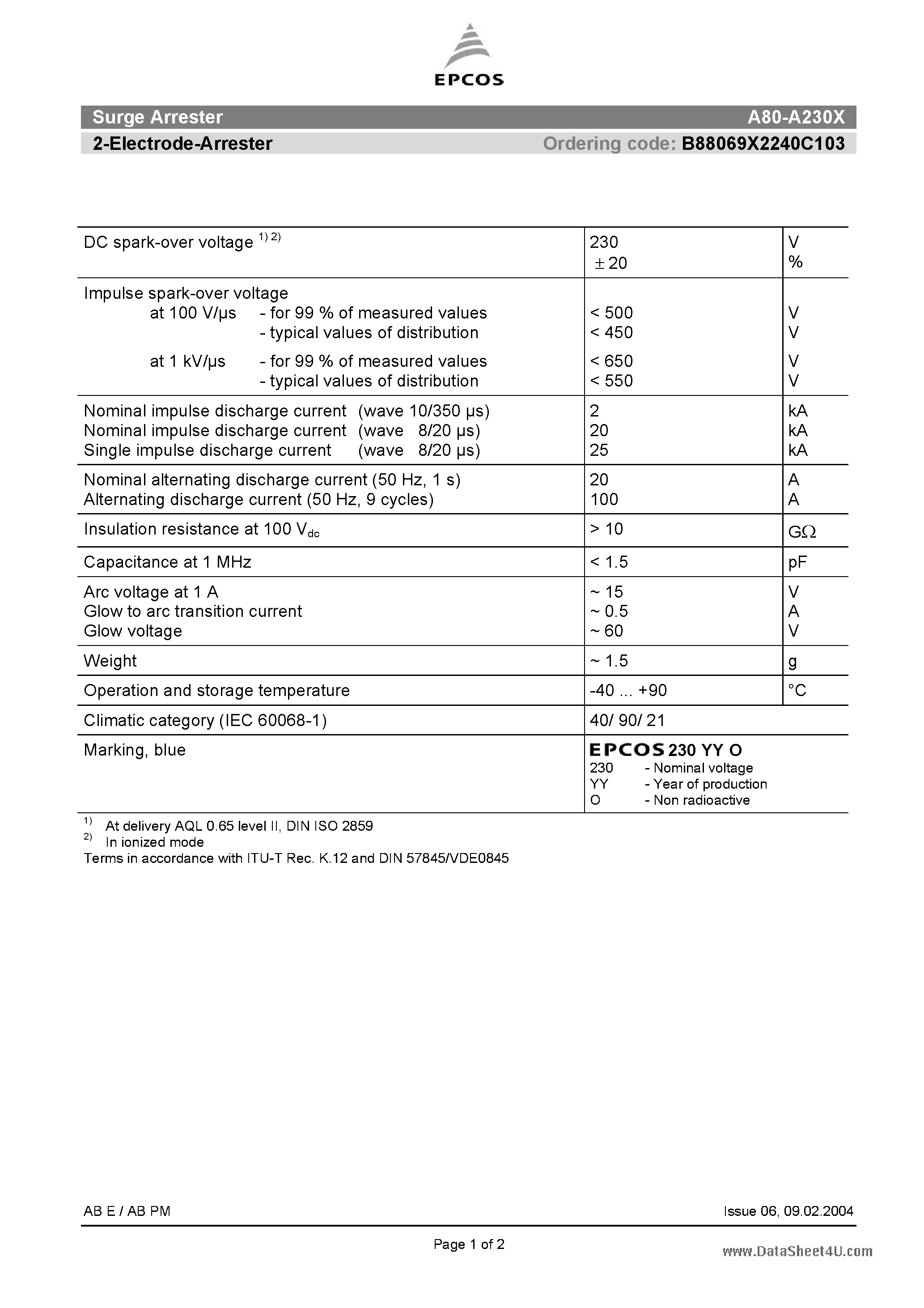 Datasheet A80-A230X - 2-Electrode-Arrester page 1