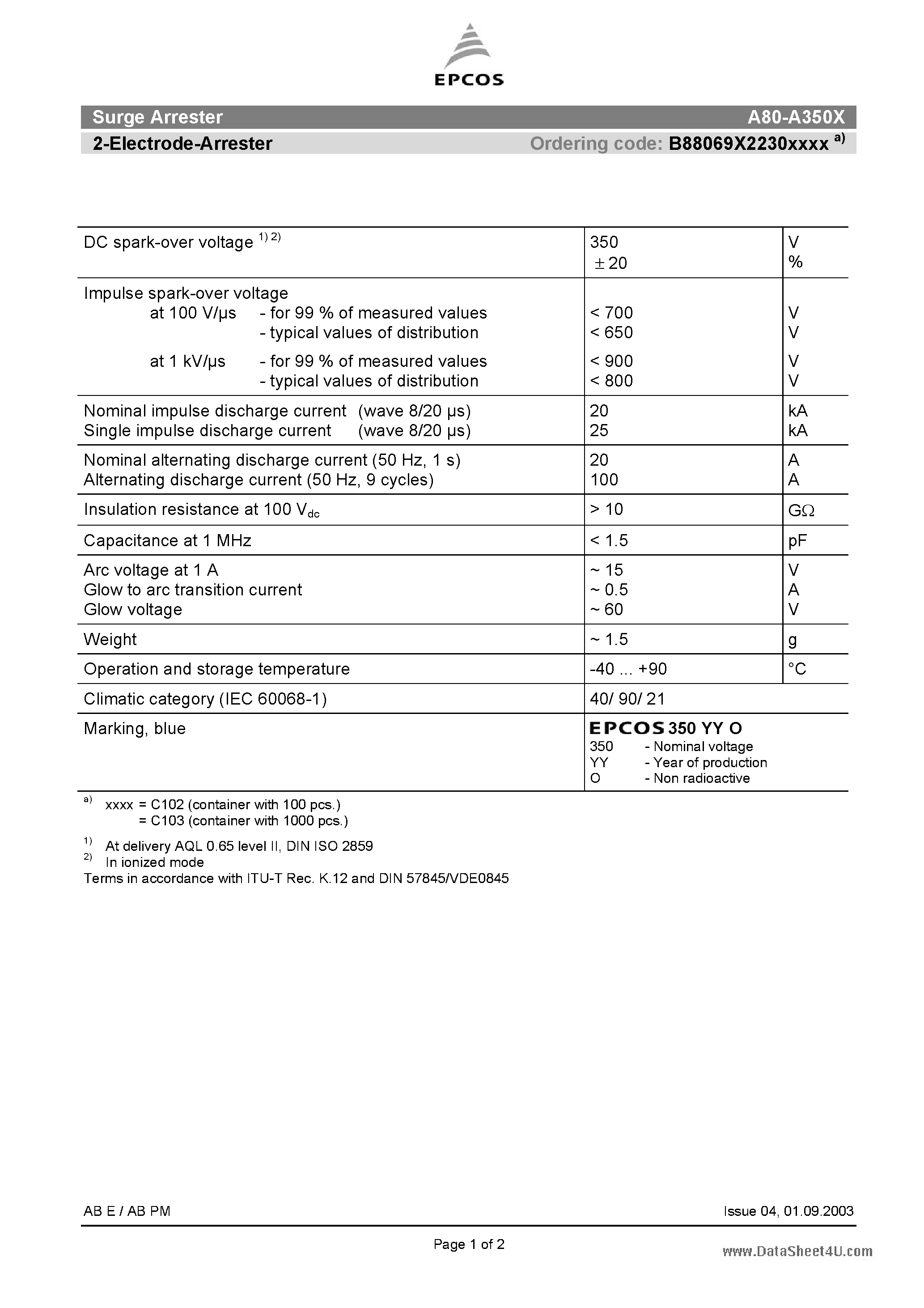 Datasheet A80-A350X - 2-Electrode-Arrester page 1