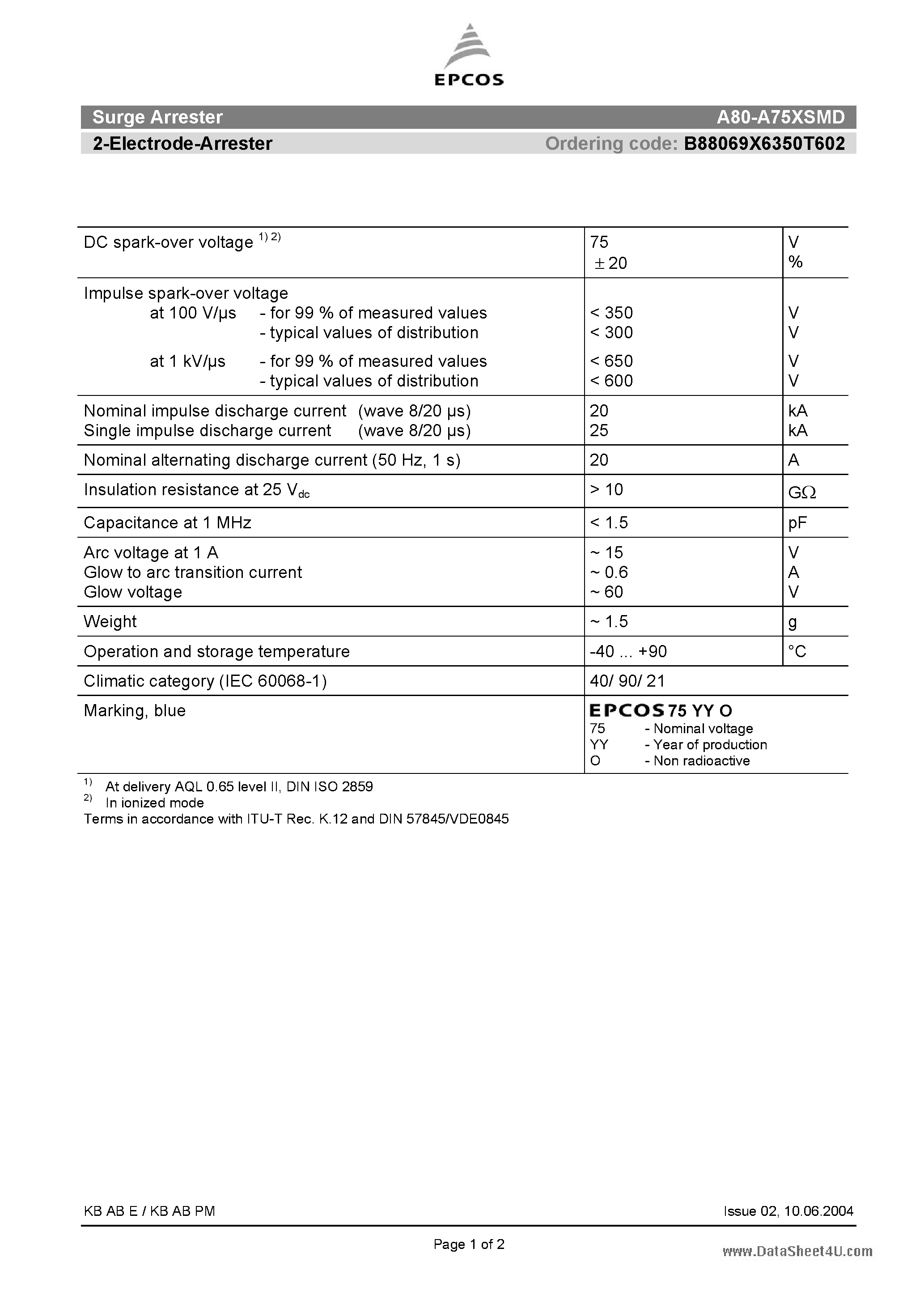 Datasheet A80-A75XSMD - 2-Electrode-Arrester page 1