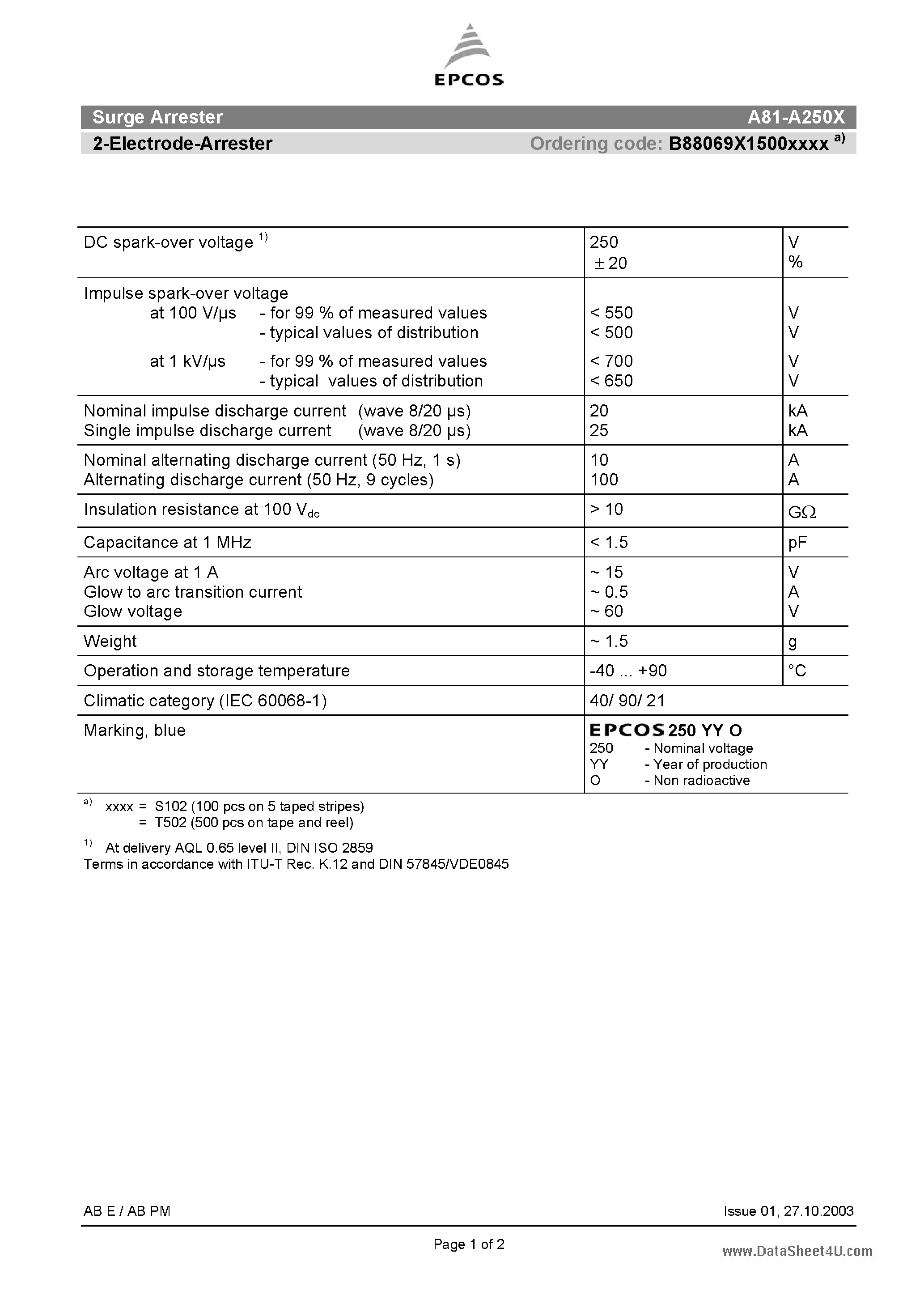 Datasheet A81-A250X - 2-Electrode-Arrester page 1