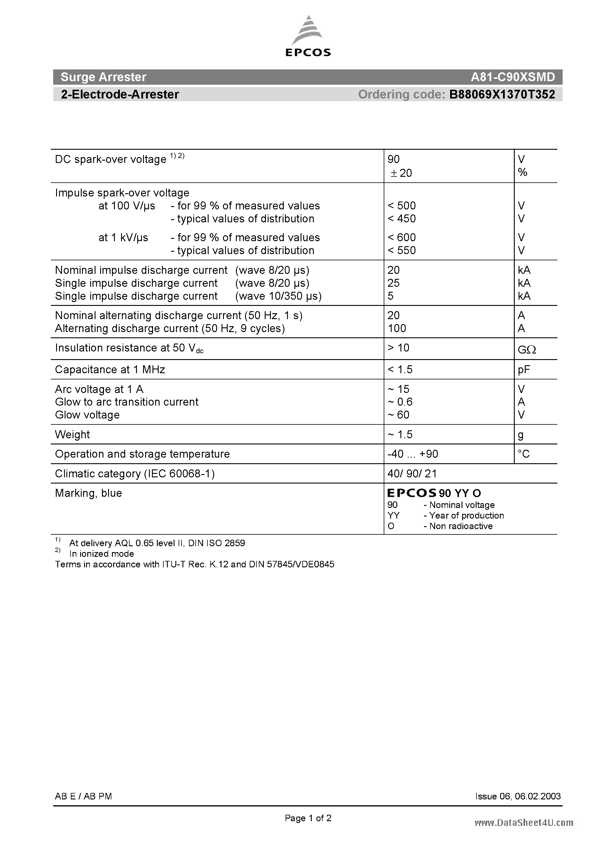 Datasheet A81-C90XSMD - 2-Electrode-Arrester page 1