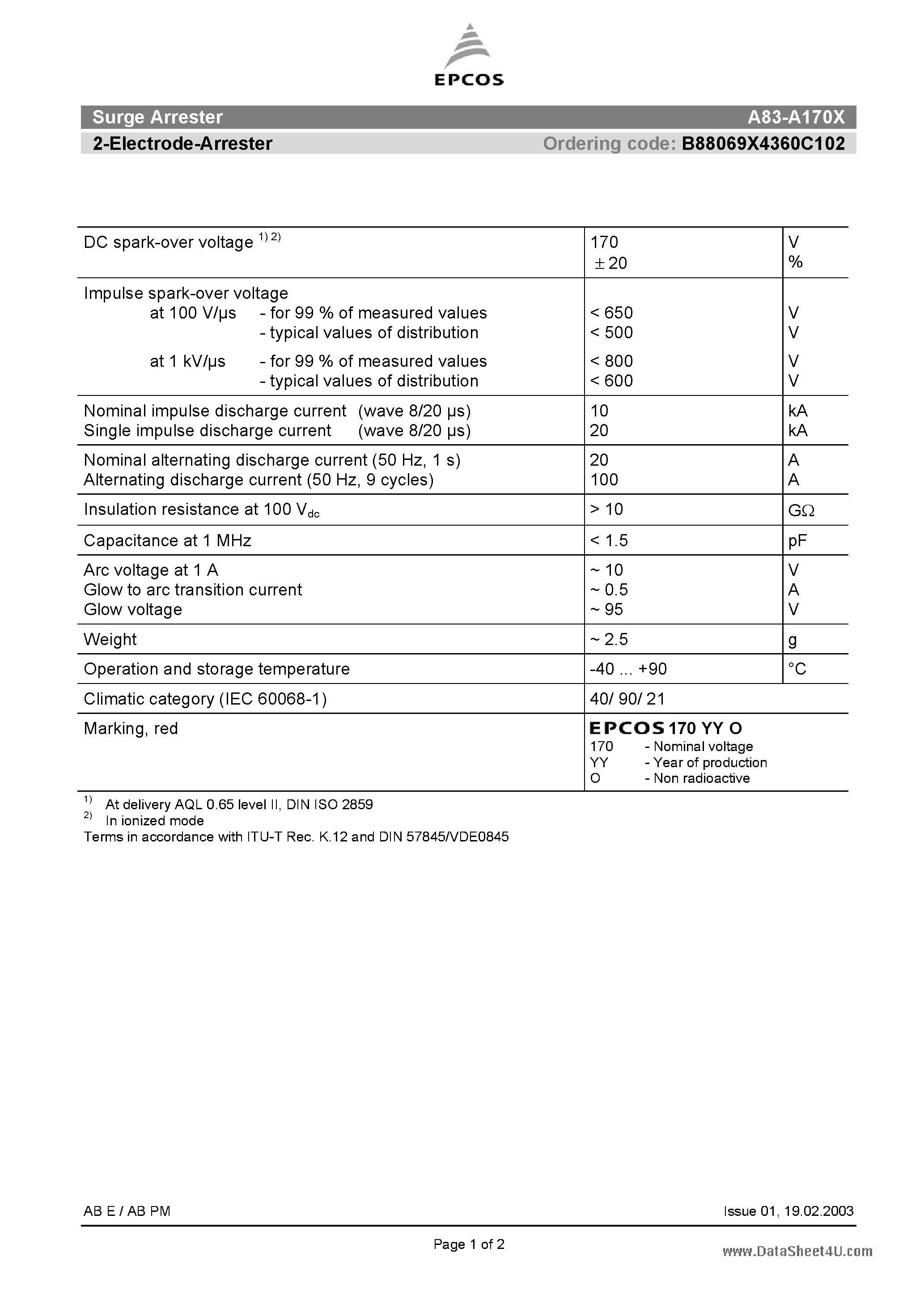 Datasheet A83-A170X - 2-Electrode-Arrester page 1