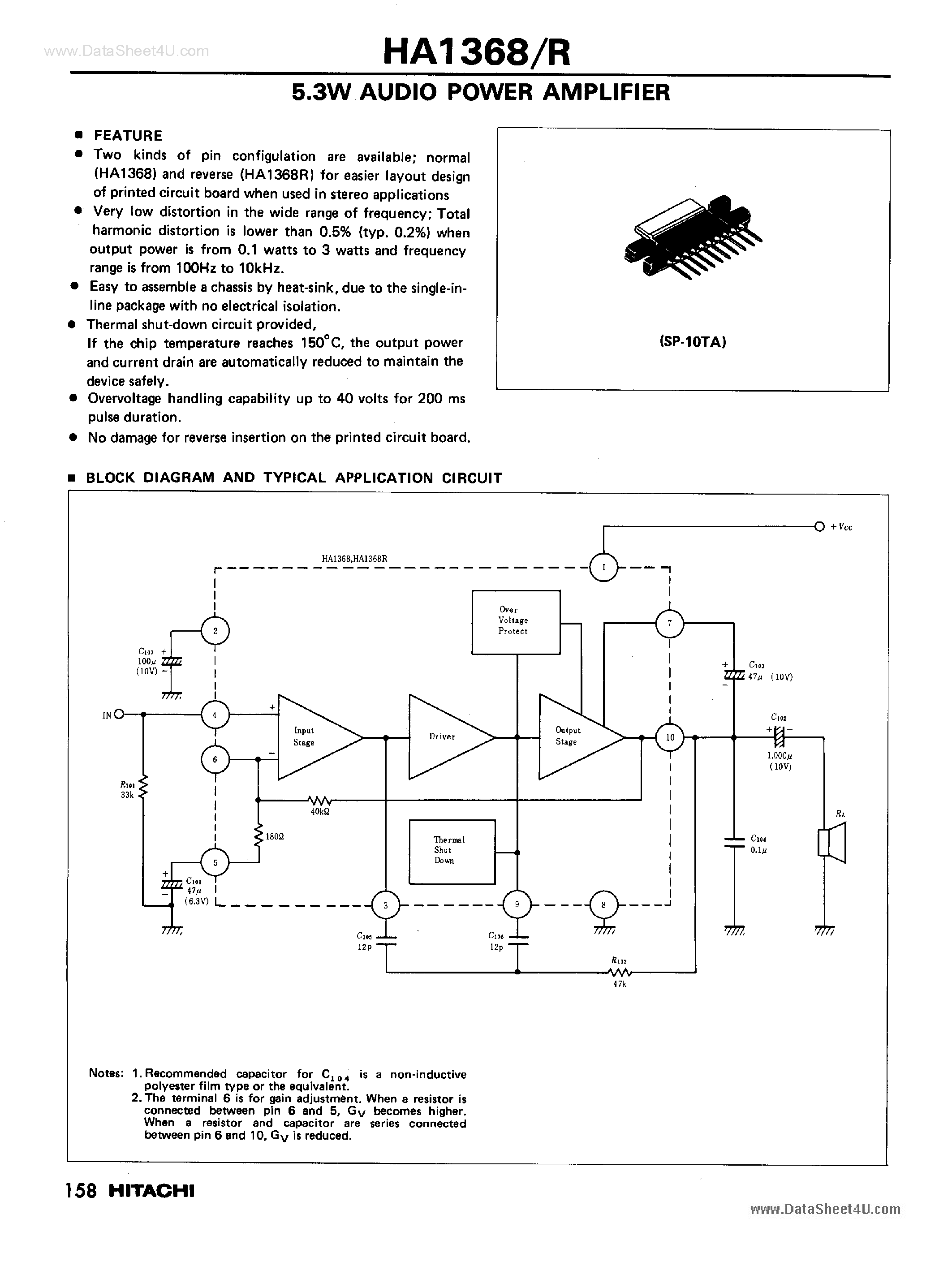 Datasheet HA1368 page 2 Datasheet HA1368 - 5.3W Audio Power Amplifier page 2