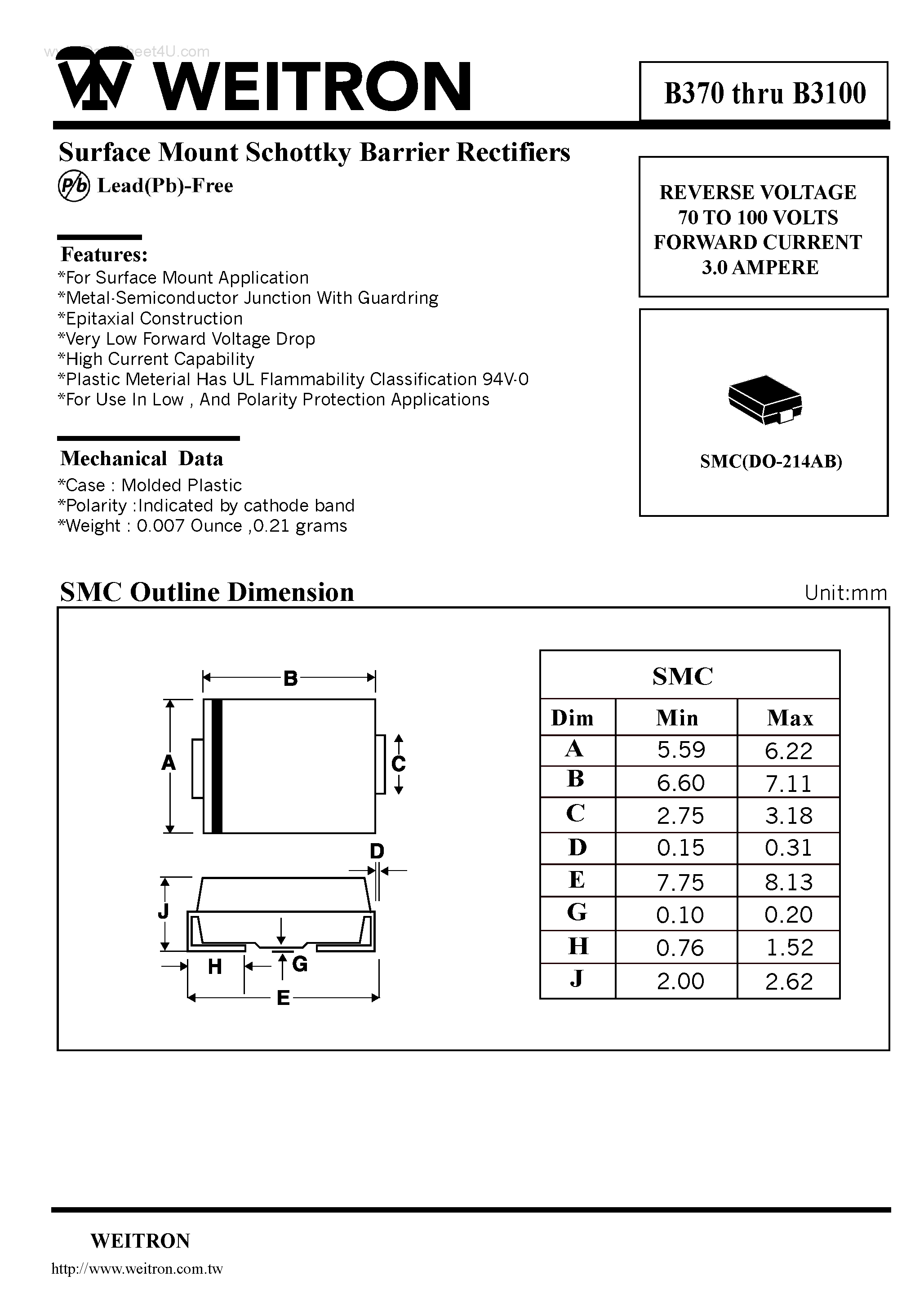 Datasheet B370 page 1 Datasheet B370 - Surface Mount Schottky Barrier Rectifiers page 1