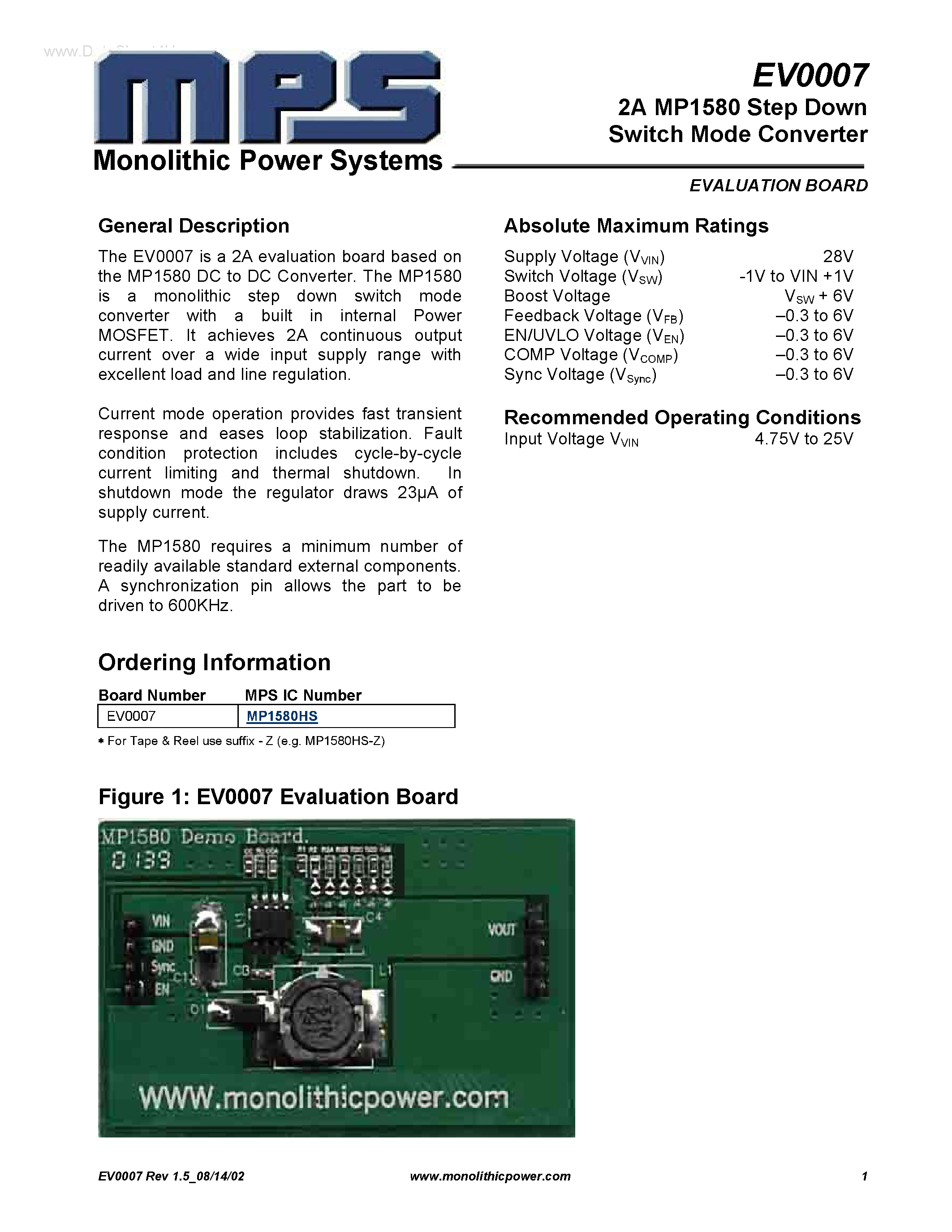 Даташит EV0007 - 2A MP1580 Step Down Switch Mode Converter страница 1