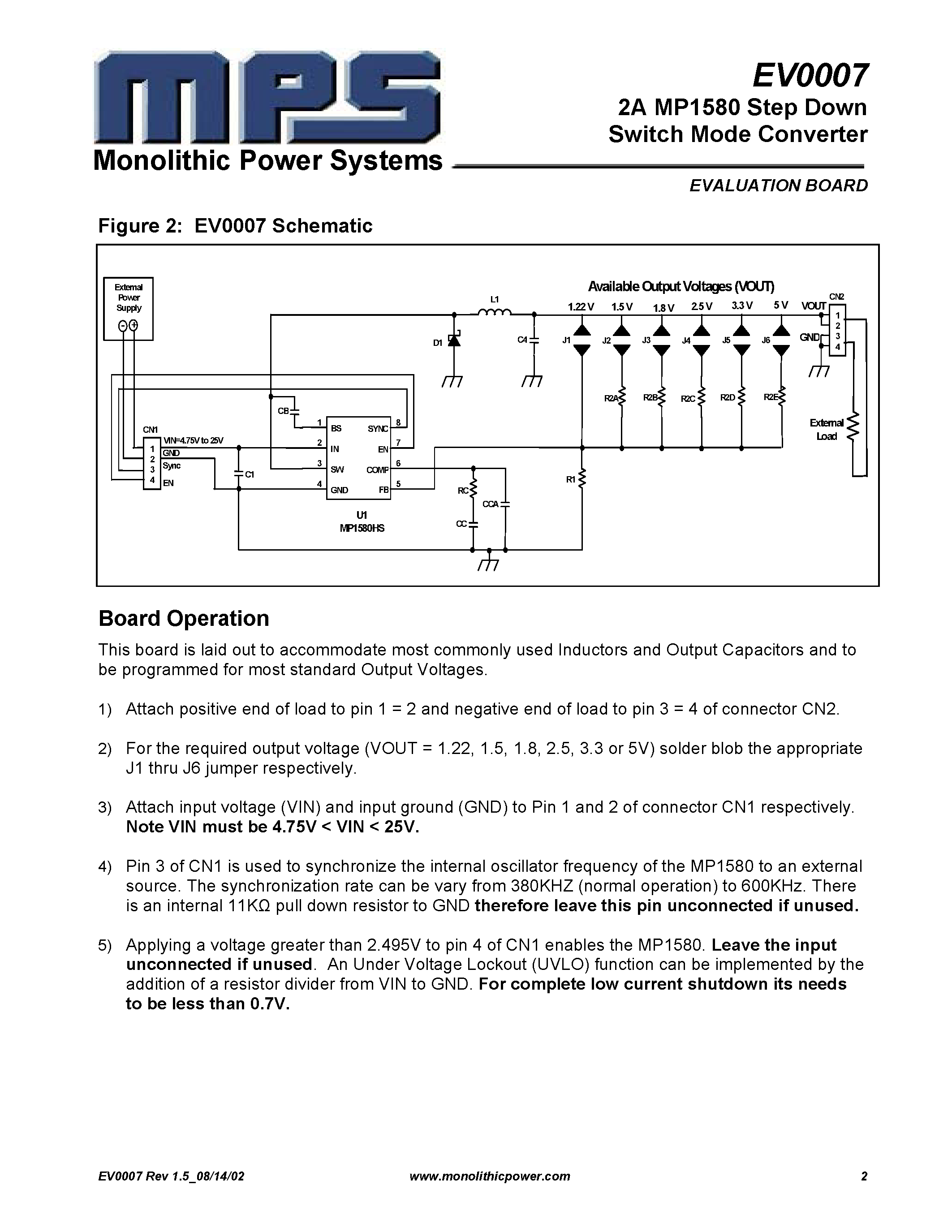 Даташит EV0007 - 2A MP1580 Step Down Switch Mode Converter страница 2