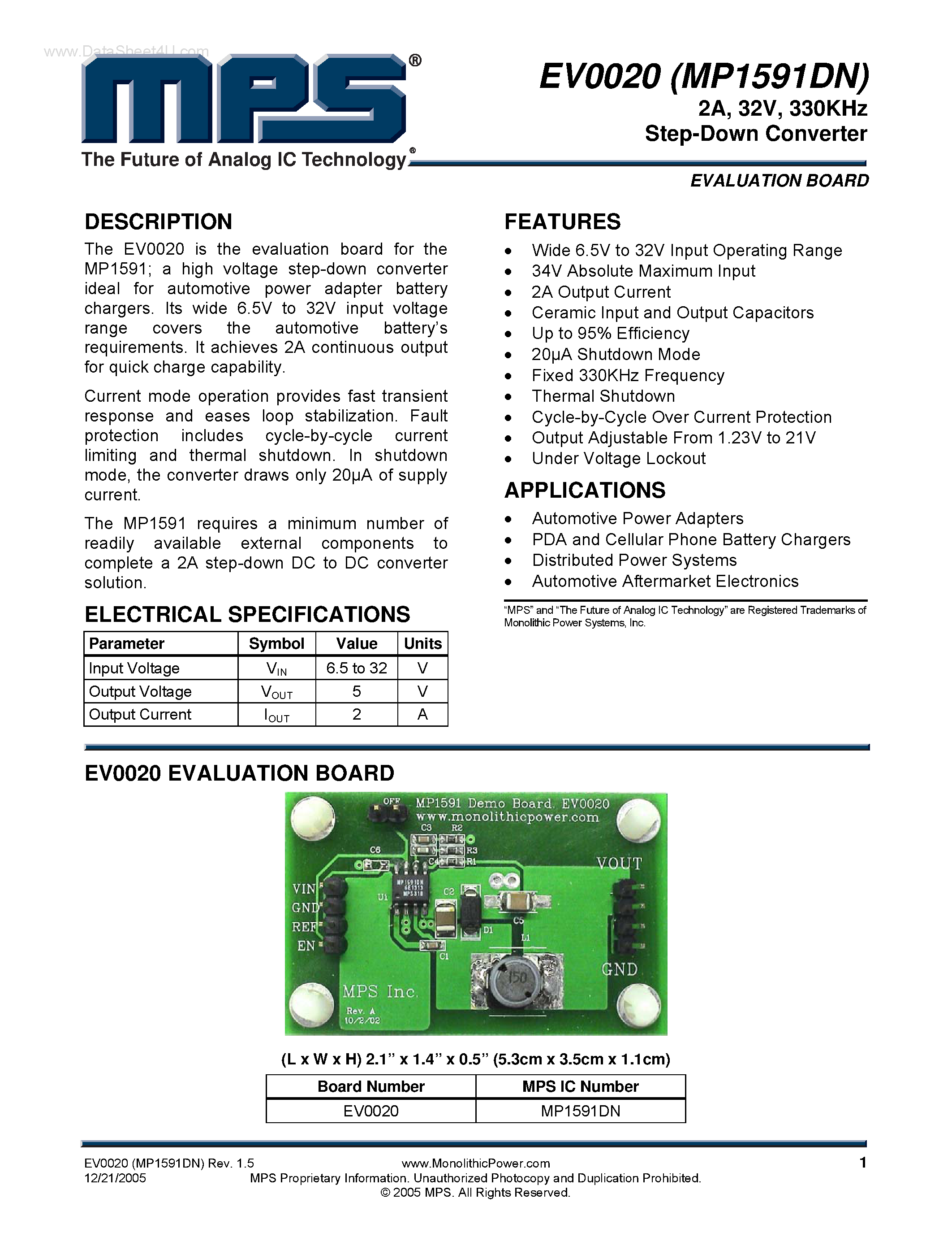 Даташит на микросхему EV0020 страница 1 Даташит EV0020 - 330KHz Step-Down Converter страница 1