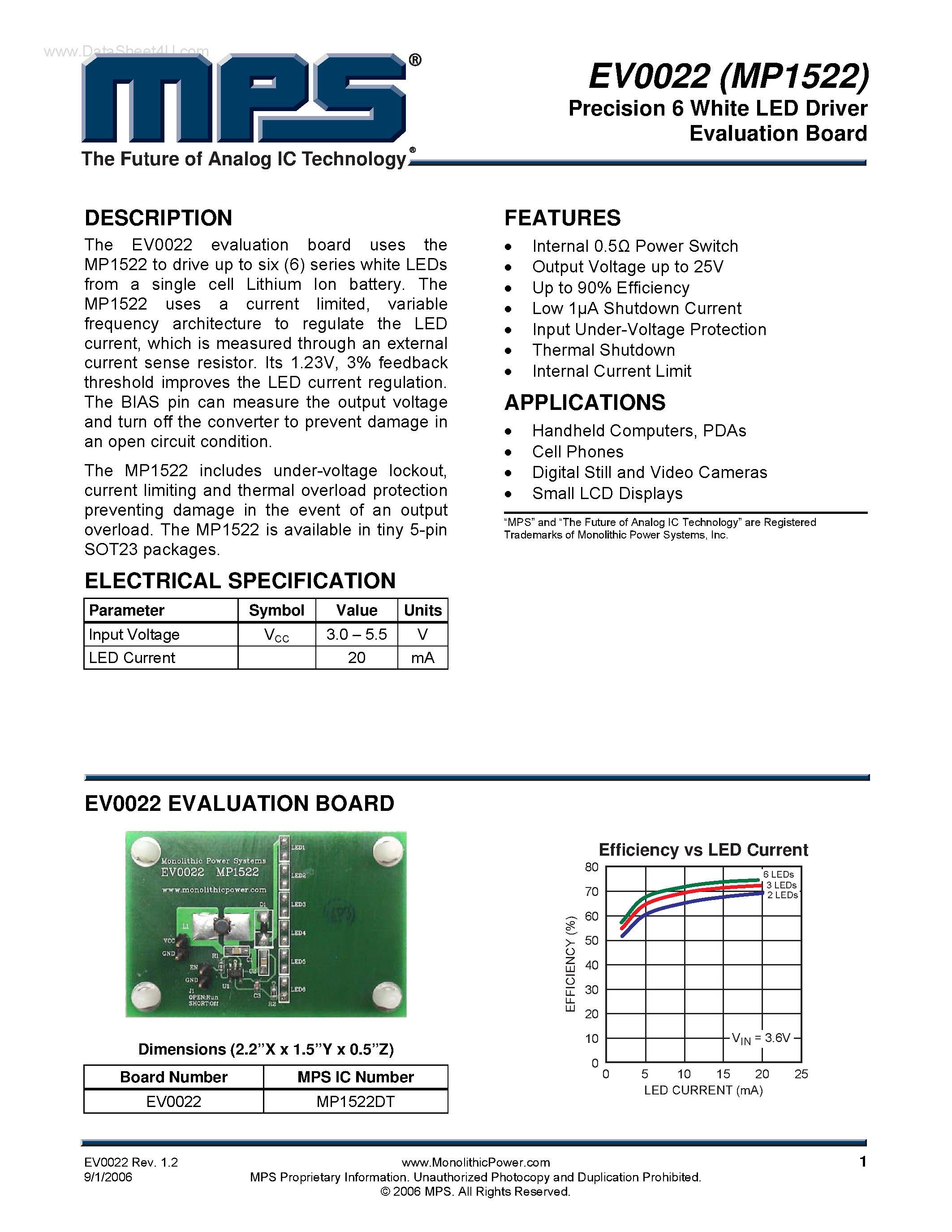 Datasheet EV0022 - Precision 6 White LED Driver Evaluation Board page 1