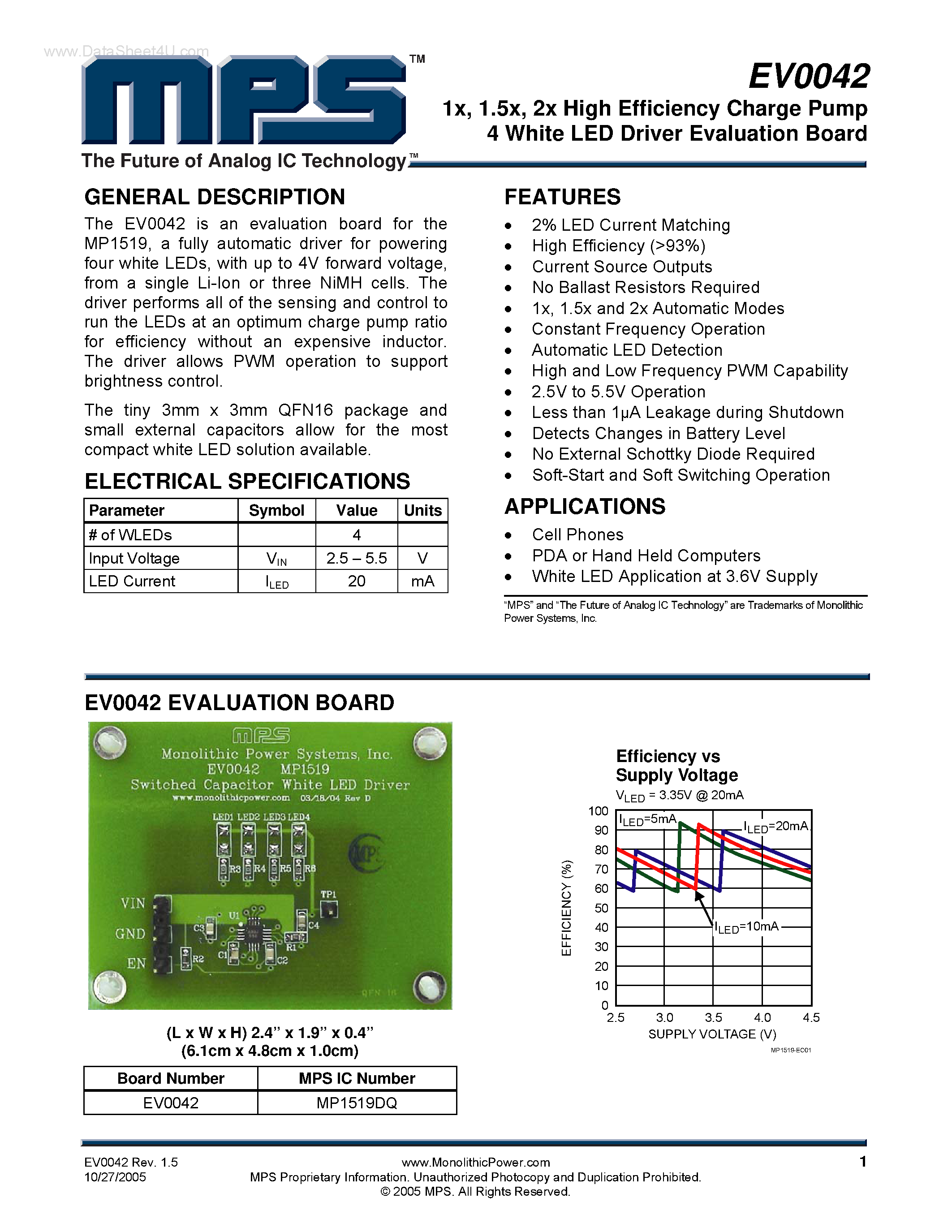 Даташит EV0042 - High Efficiency Charge Pump 4 White LED Driver Evaluation Board страница 1