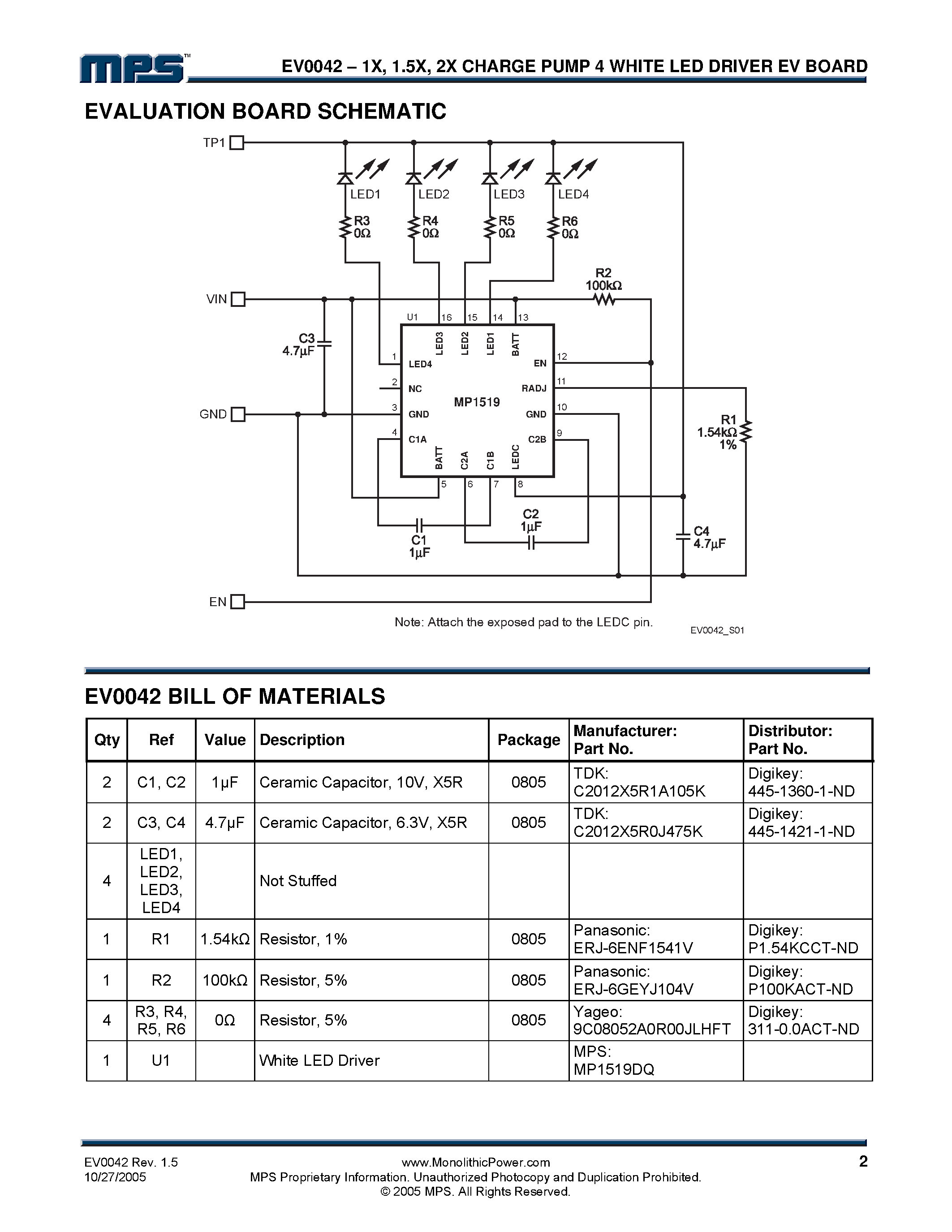 Даташит EV0042 - High Efficiency Charge Pump 4 White LED Driver Evaluation Board страница 2