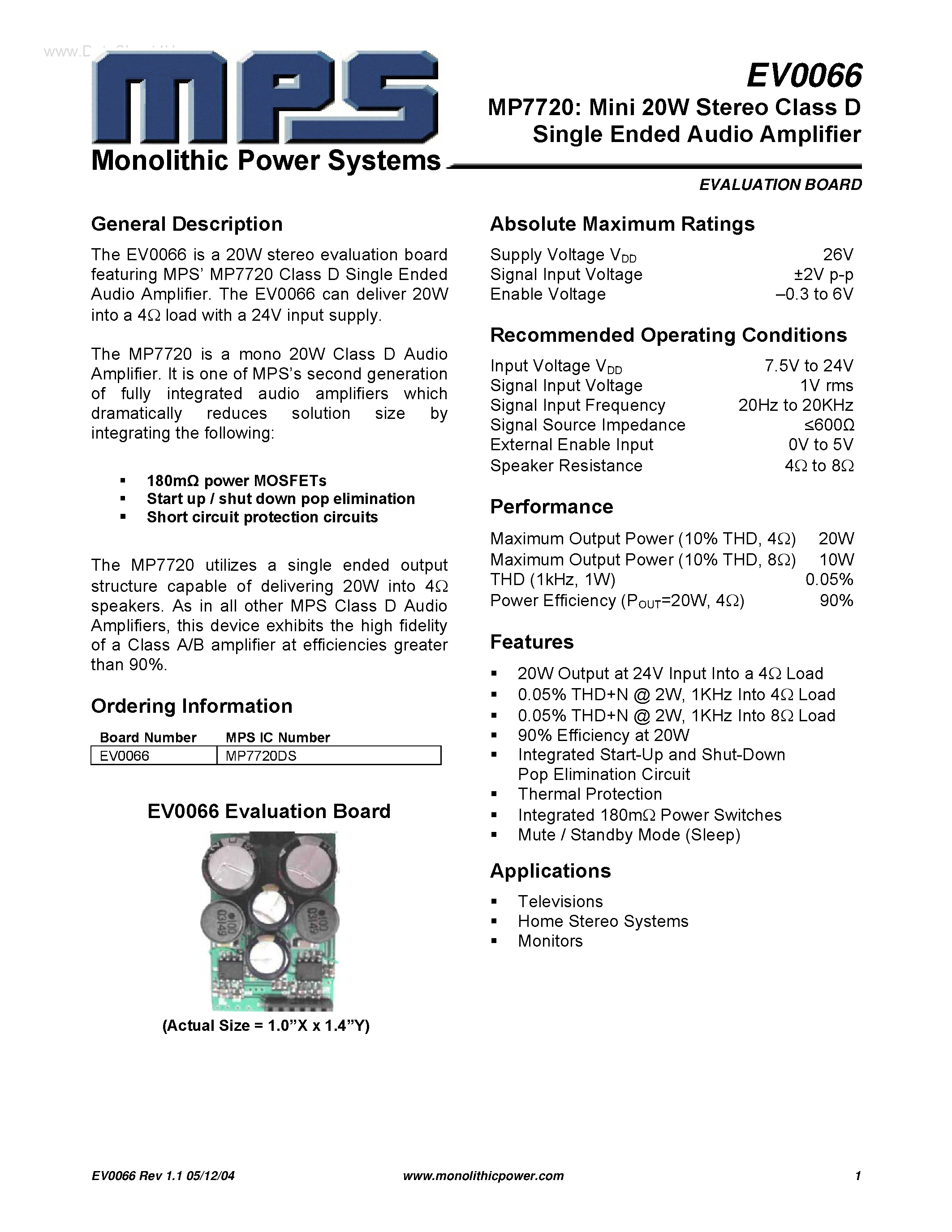 Даташит на микросхему EV0066 страница 1 Даташит EV0066 - Mini 20W Stereo Class D Single Ended Audio Amplifier страница 1