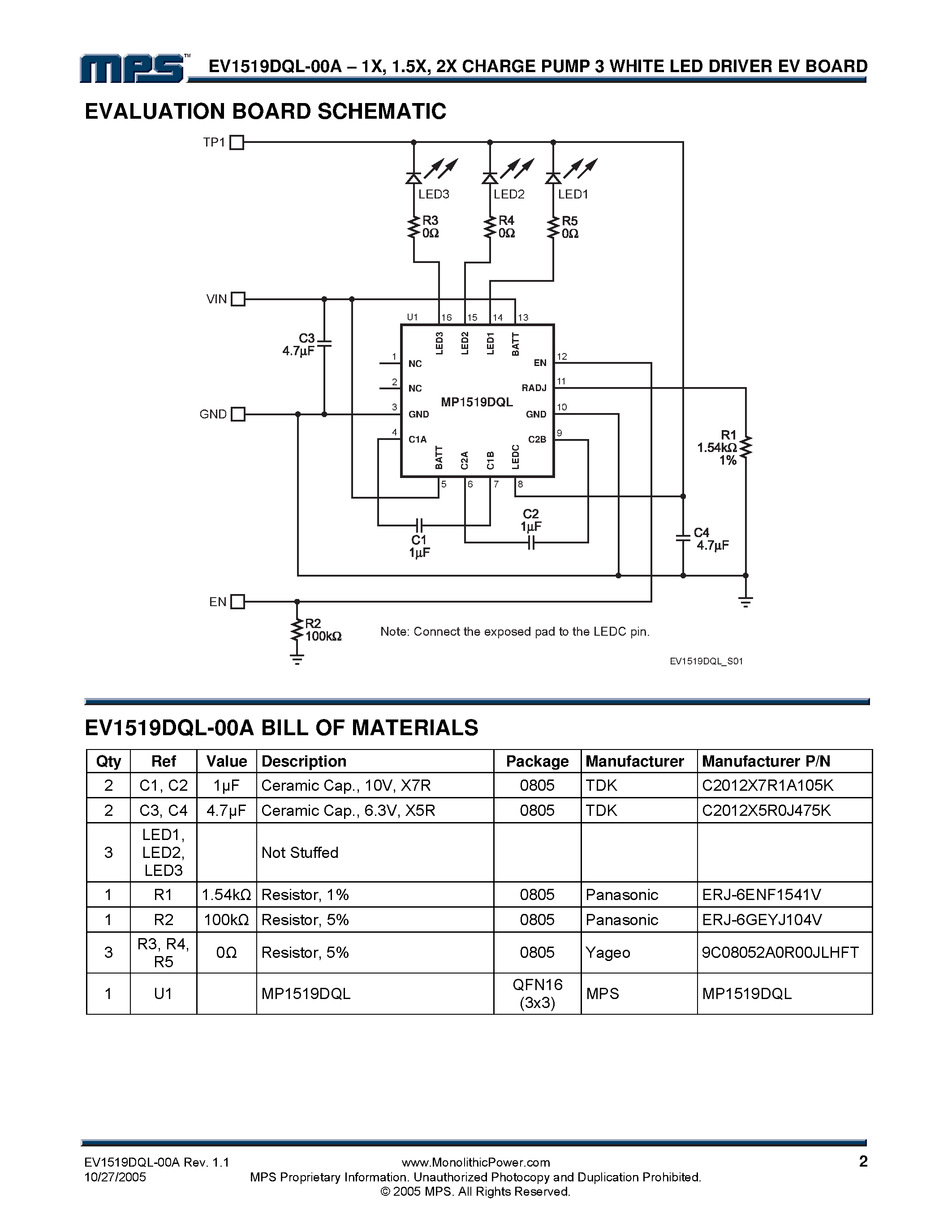 Даташит EV1519DQL-00A - High Efficiency Charge Pump 3 White LED Driver Evaluation Board страница 2