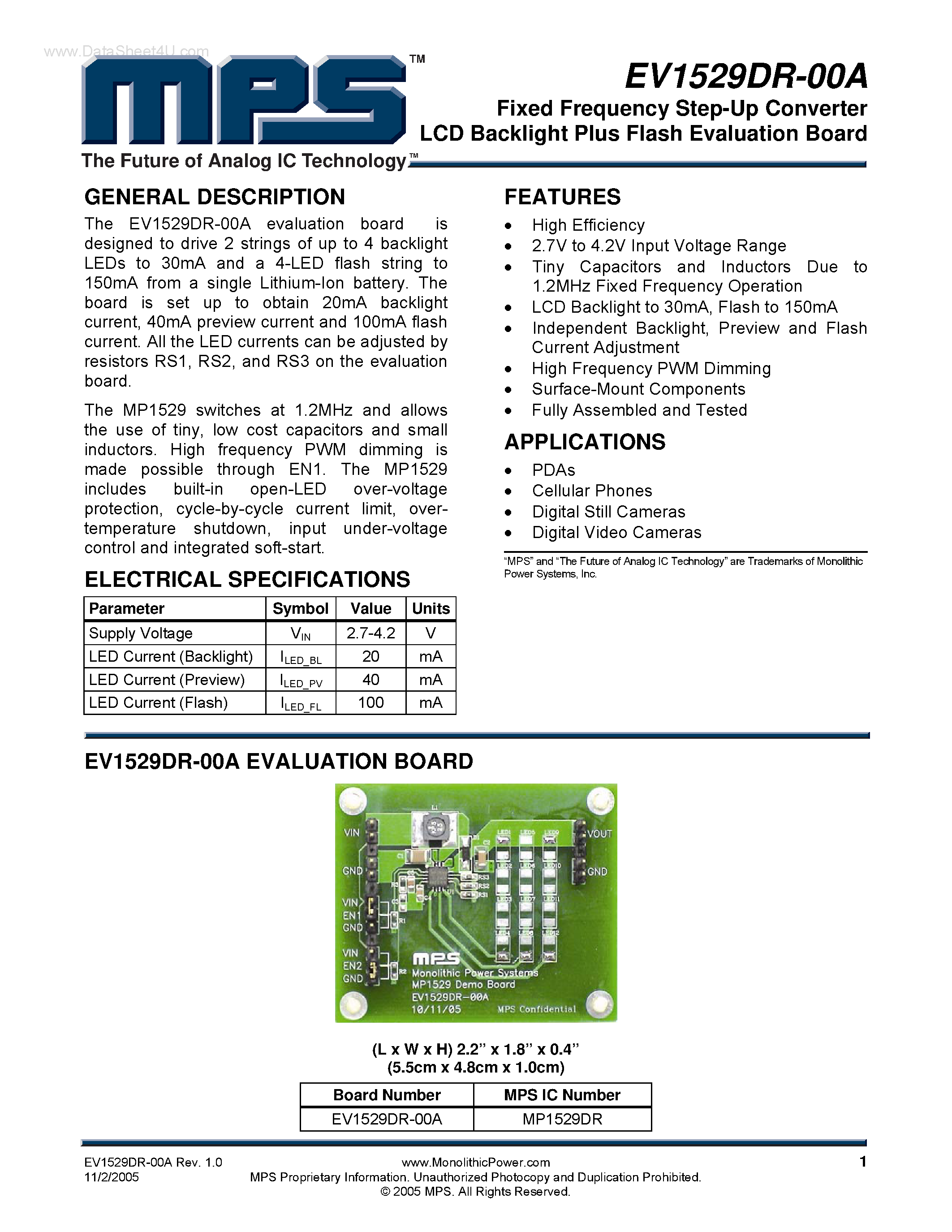 Даташит EV1529DR-00A - Fixed Frequency Step-Up Converter LCD Backlight Plus Flash Evaluation Board страница 1