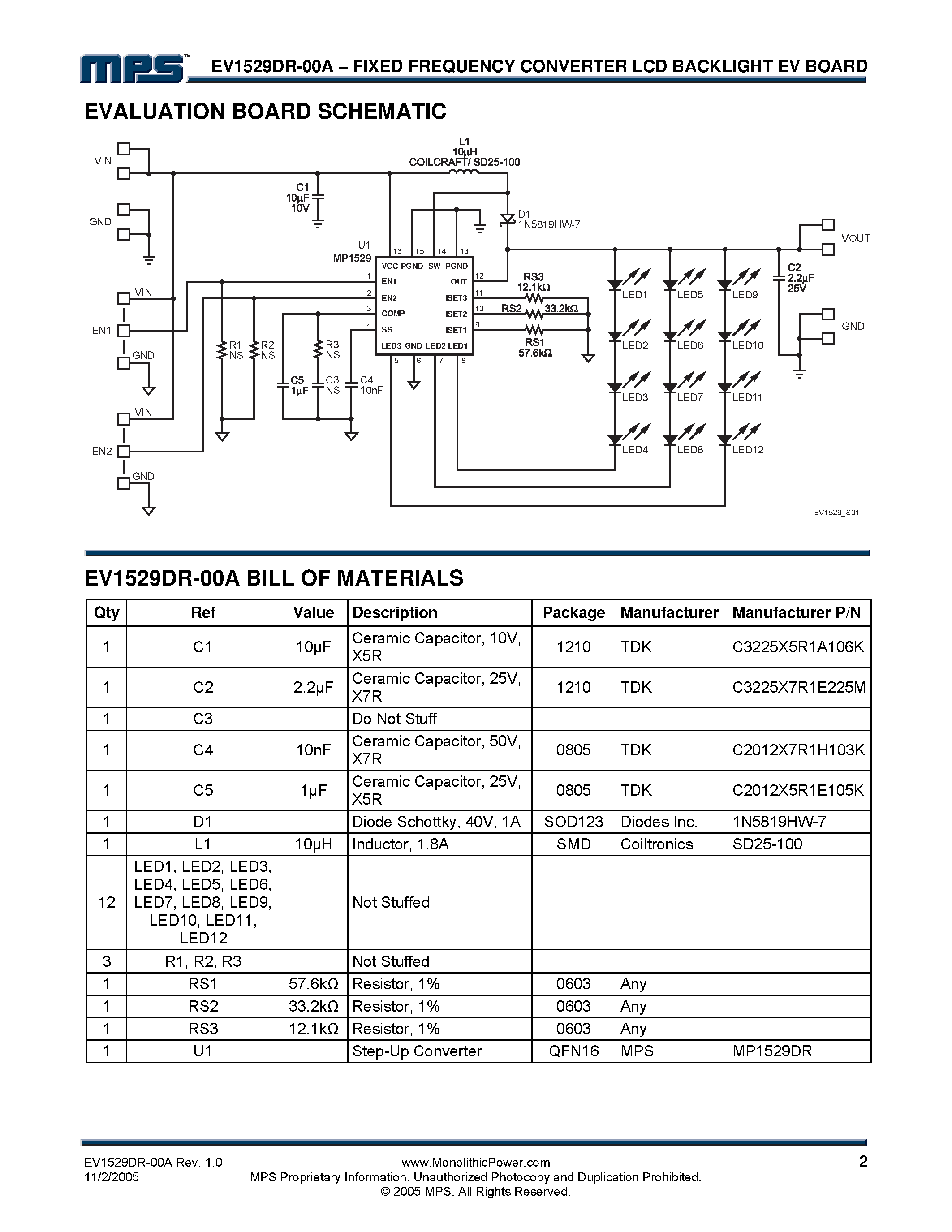 Даташит EV1529DR-00A - Fixed Frequency Step-Up Converter LCD Backlight Plus Flash Evaluation Board страница 2
