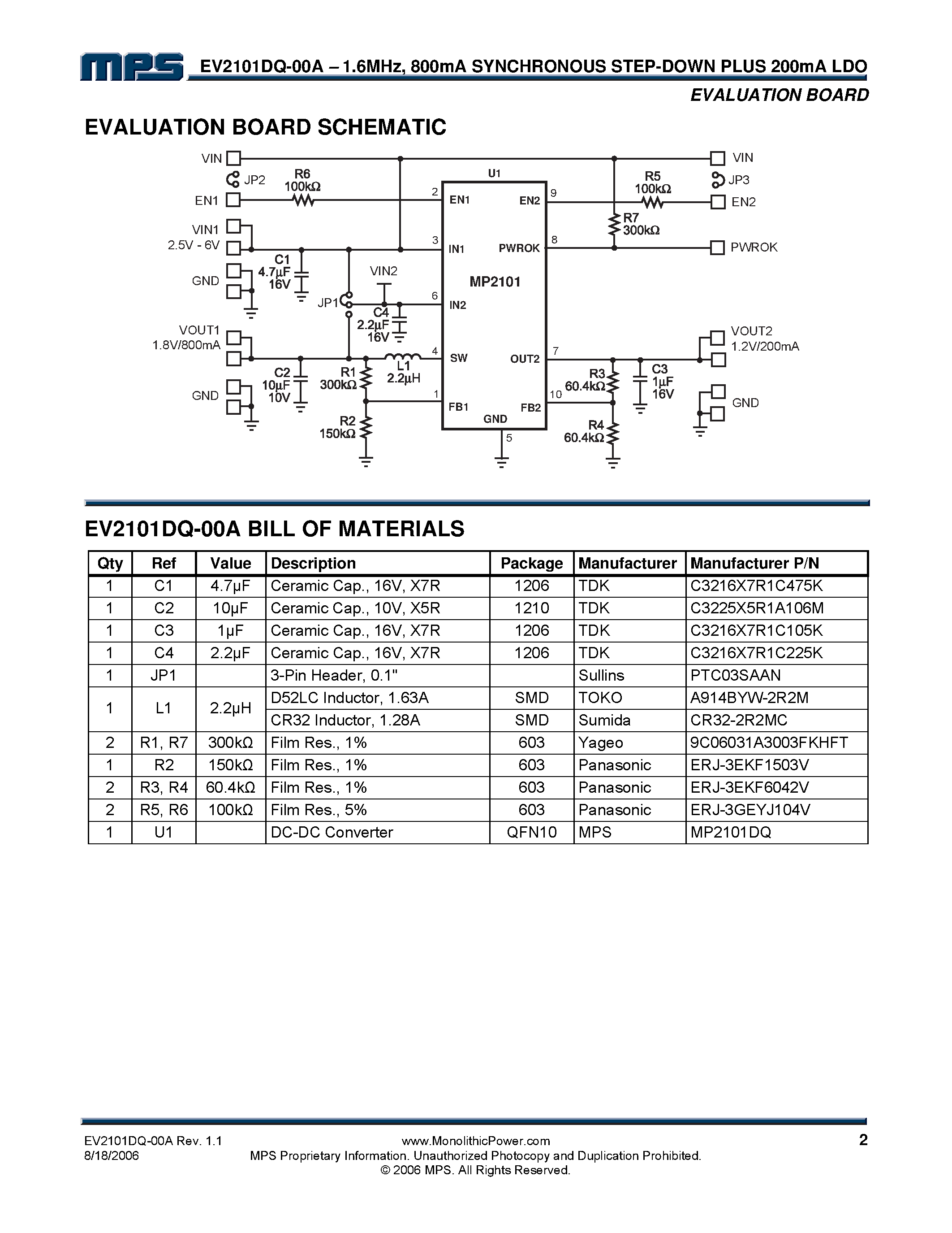 Даташит EV2101DQ-00A - 800mA Synchronous Step-Down Converter plus 200mA LDO страница 2