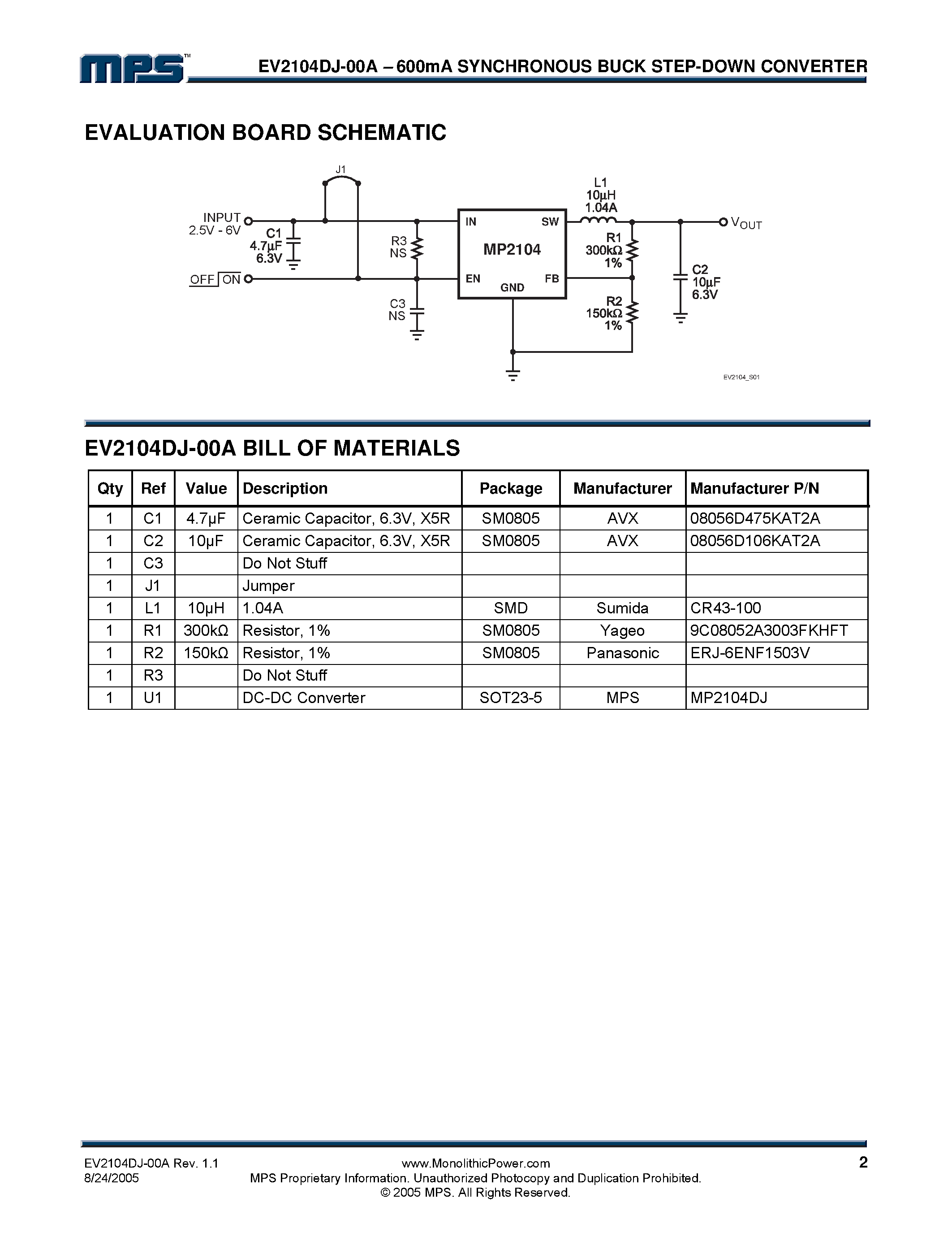 Даташит EV2104DJ-00A - 600mA Synchronous Buck Step-Down Converter страница 2
