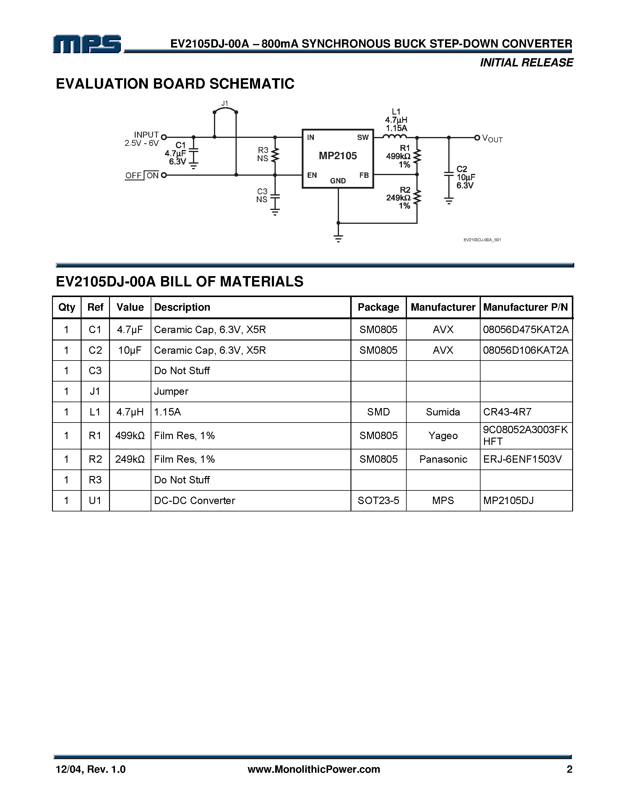 Даташит EV2105DJ-00A - 800mA Synchronous Buck Step-Down Converter страница 2