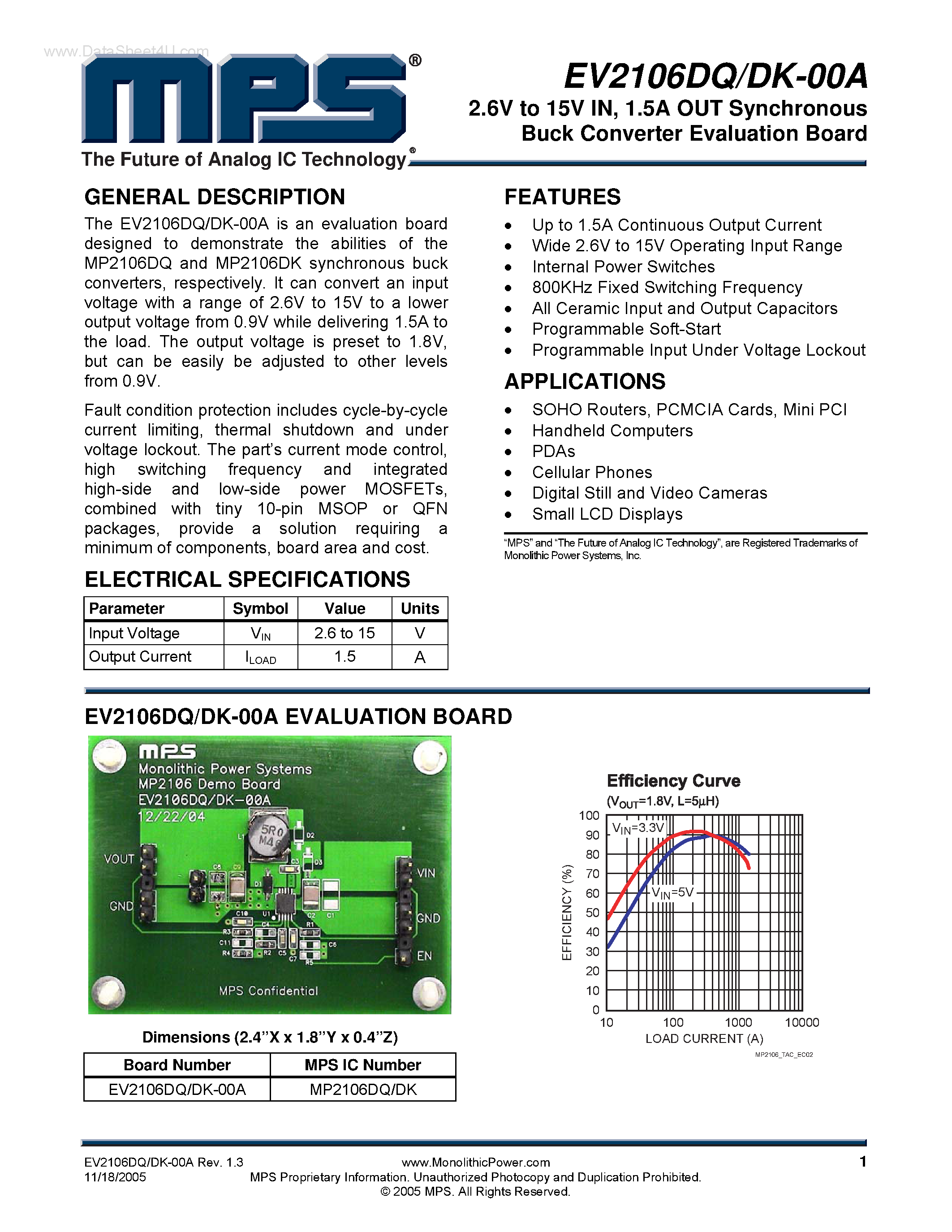 Даташит EV2106DK-00A - 1.5A OUT Synchronous Buck Converter Evaluation Board страница 1
