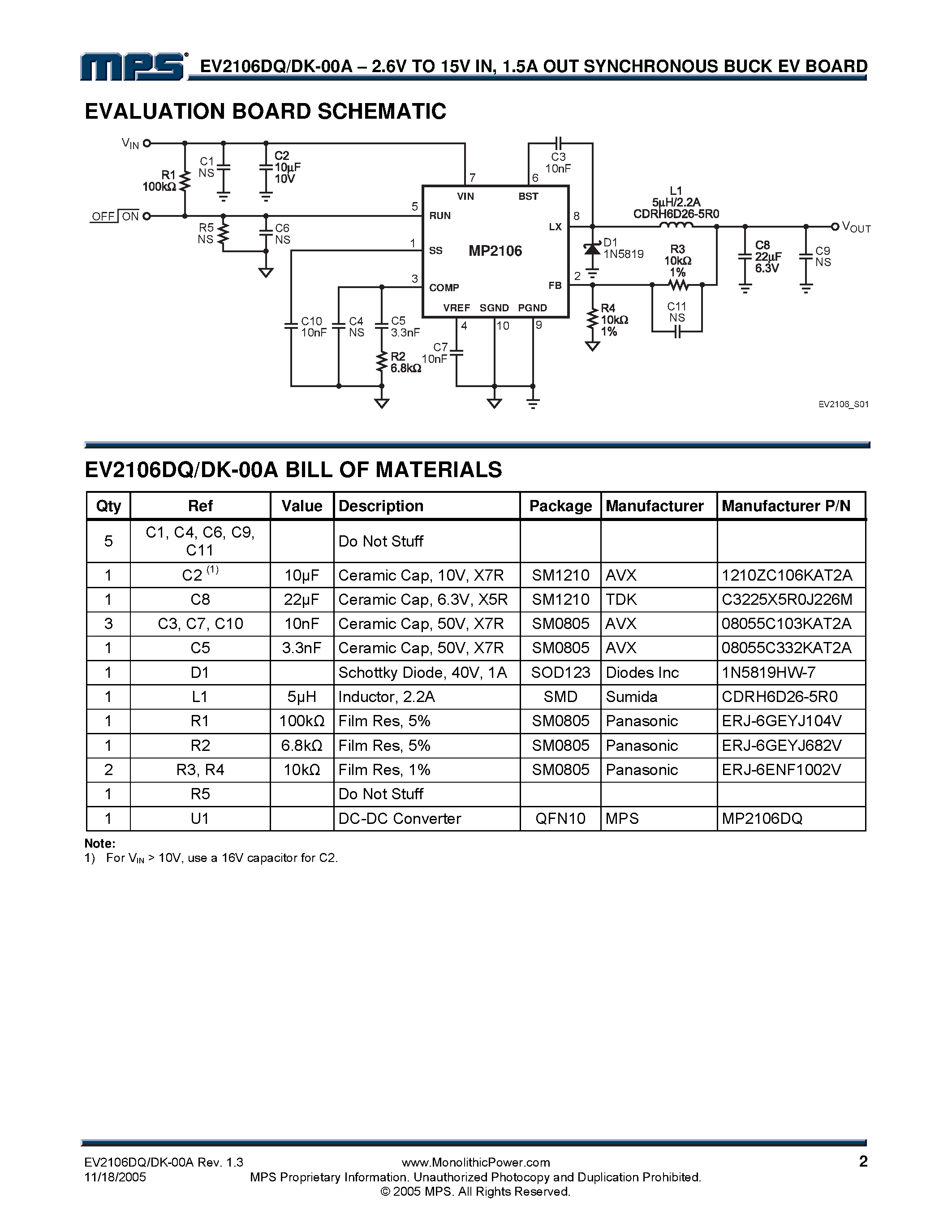 Даташит EV2106DK-00A - 1.5A OUT Synchronous Buck Converter Evaluation Board страница 2