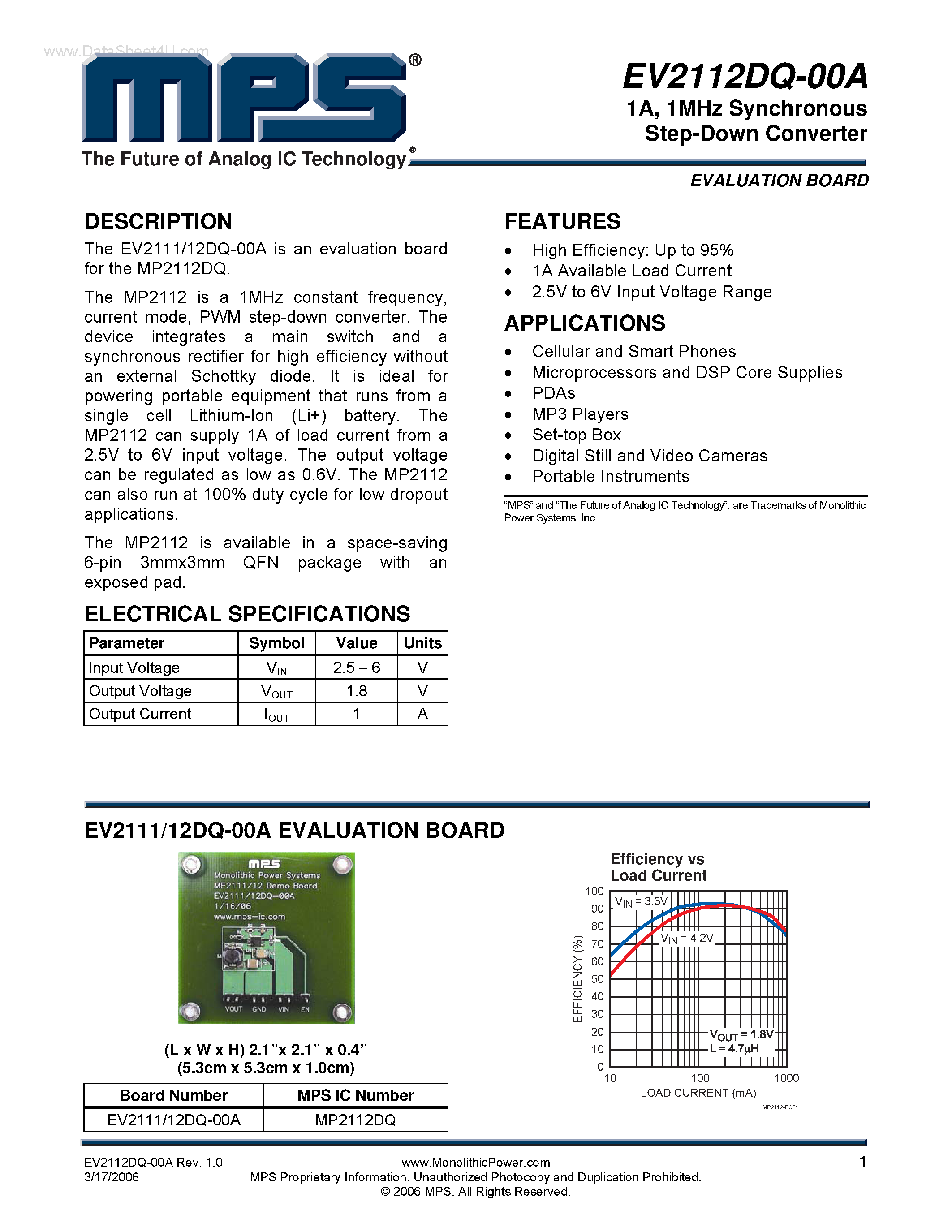 Даташит на микросхему EV2112DQ-00A страница 1 Даташит EV2112DQ-00A - 1MHz Synchronous Step-Down Converter страница 1