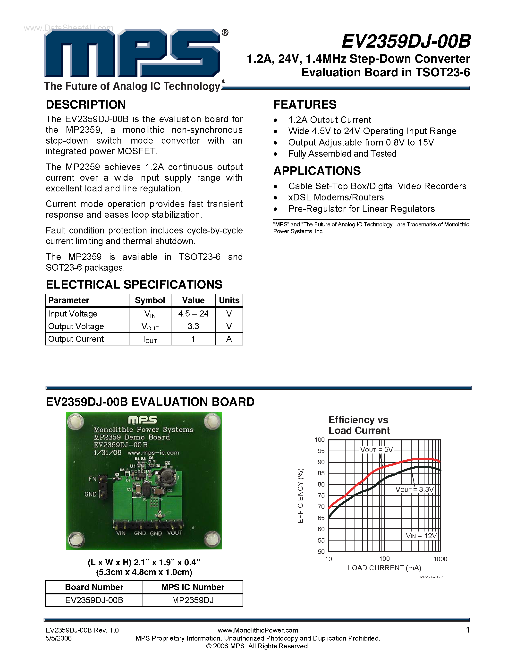 Даташит на микросхему EV2359DJ-00B страница 1 Даташит EV2359DJ-00B - 1.4MHz Step-Down Converter Evaluation Board страница 1