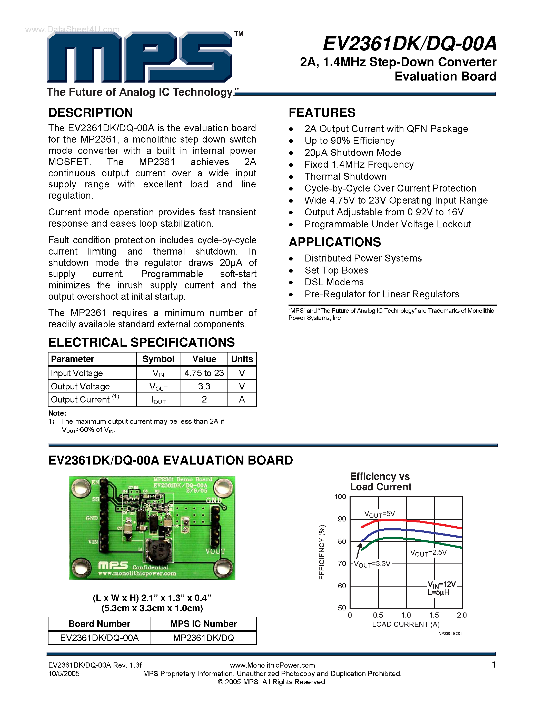 Даташит на микросхему EV2361DK-00A страница 1 Даташит EV2361DK-00A - 1.4MHz Step-Down Converter Evaluation Board страница 1