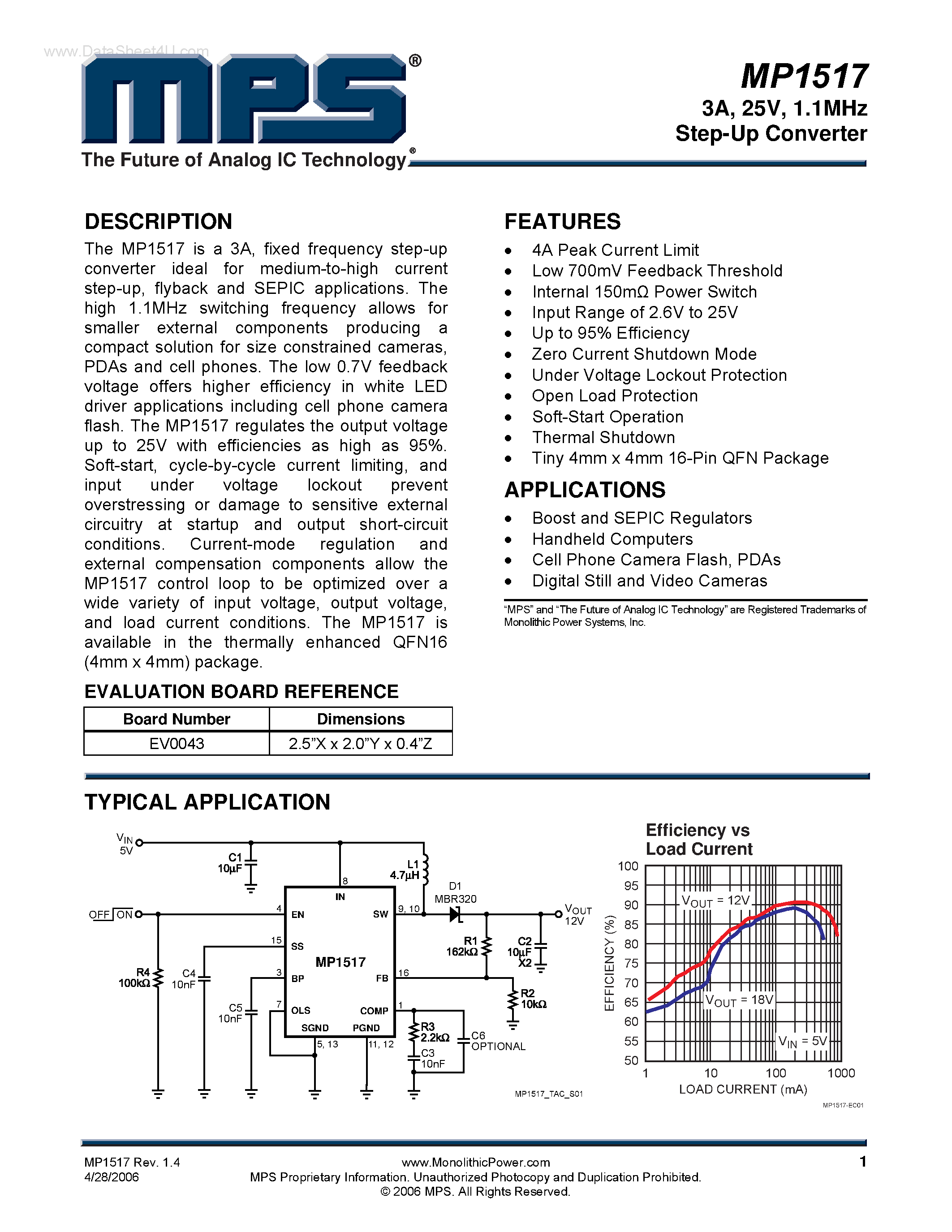 Datasheet MP1517 - 1.1MHz Step-Up Converter page 1